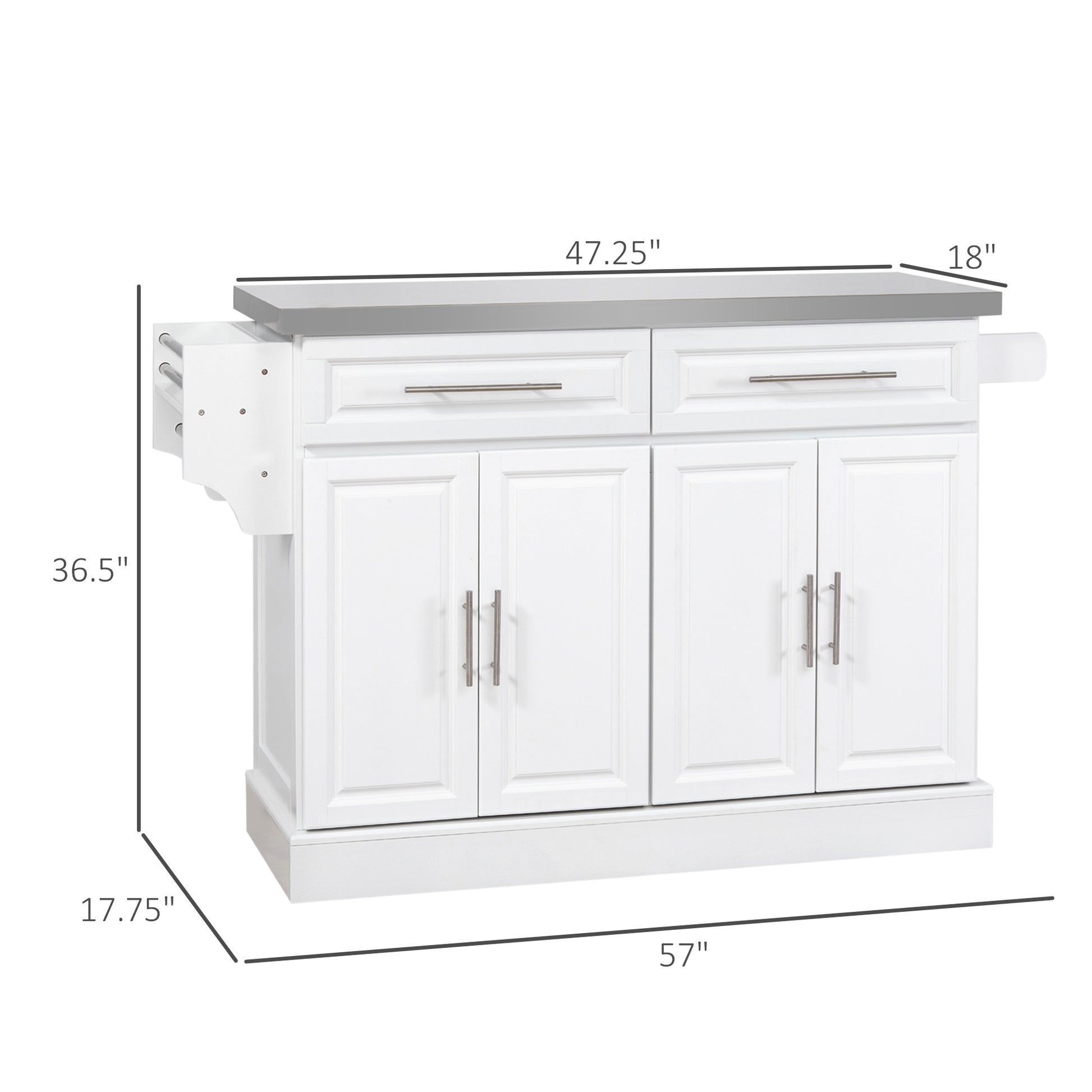 Homcom Rolling Kitchen Island With Storage, Portable Kitchen Cart With Stainless Steel Top, 2 Drawers, Spice, Knife And Towel Rack And Cabinets, White White Mdf