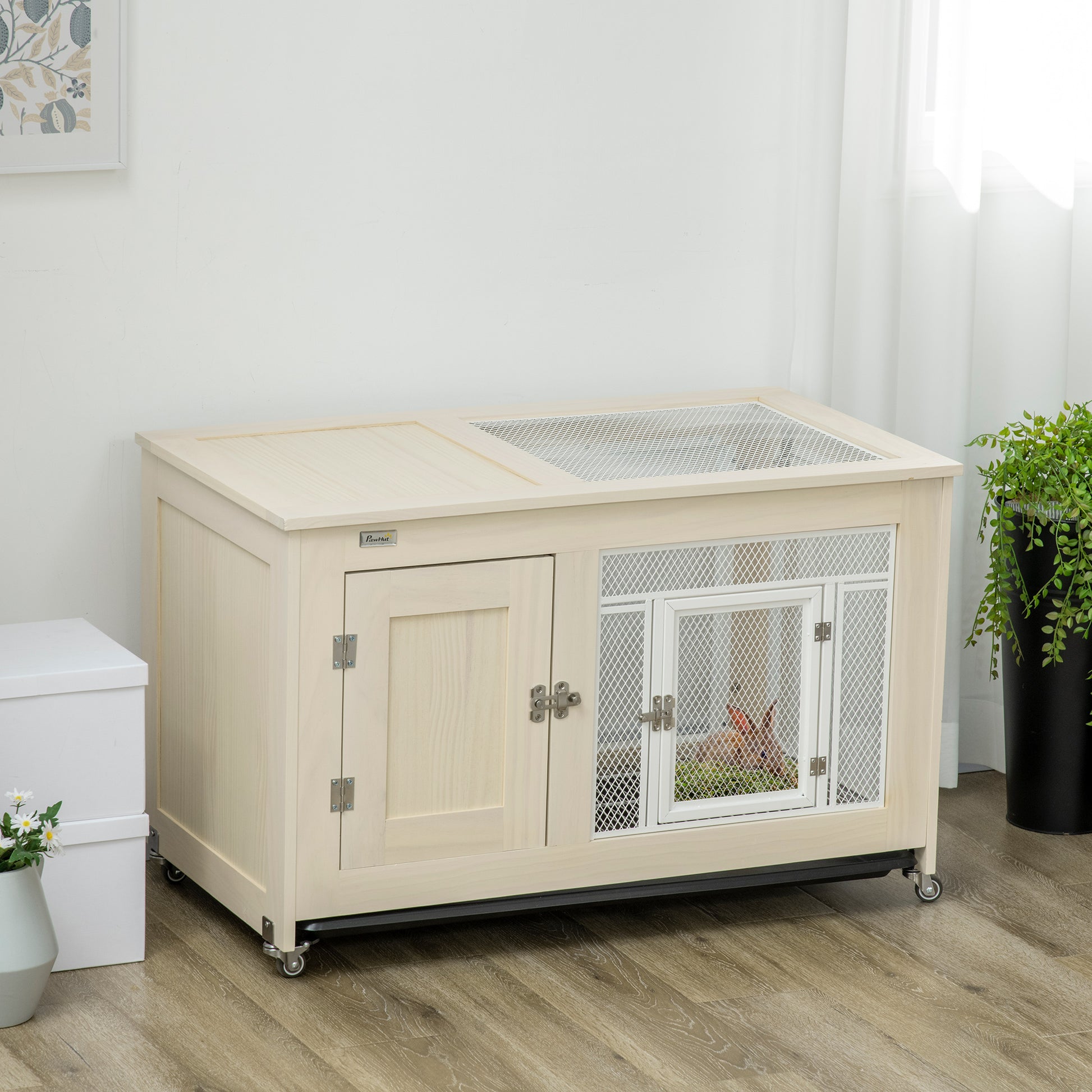 Pawhut Small Rabbit Hutch Indoor Bunny Cage On Wheels, Rabbit Habitat With Tough Pinewood, Openable Top, Rabbit Cage Inside, 37.5" X 21" X 24.5" Natural Wood Wood