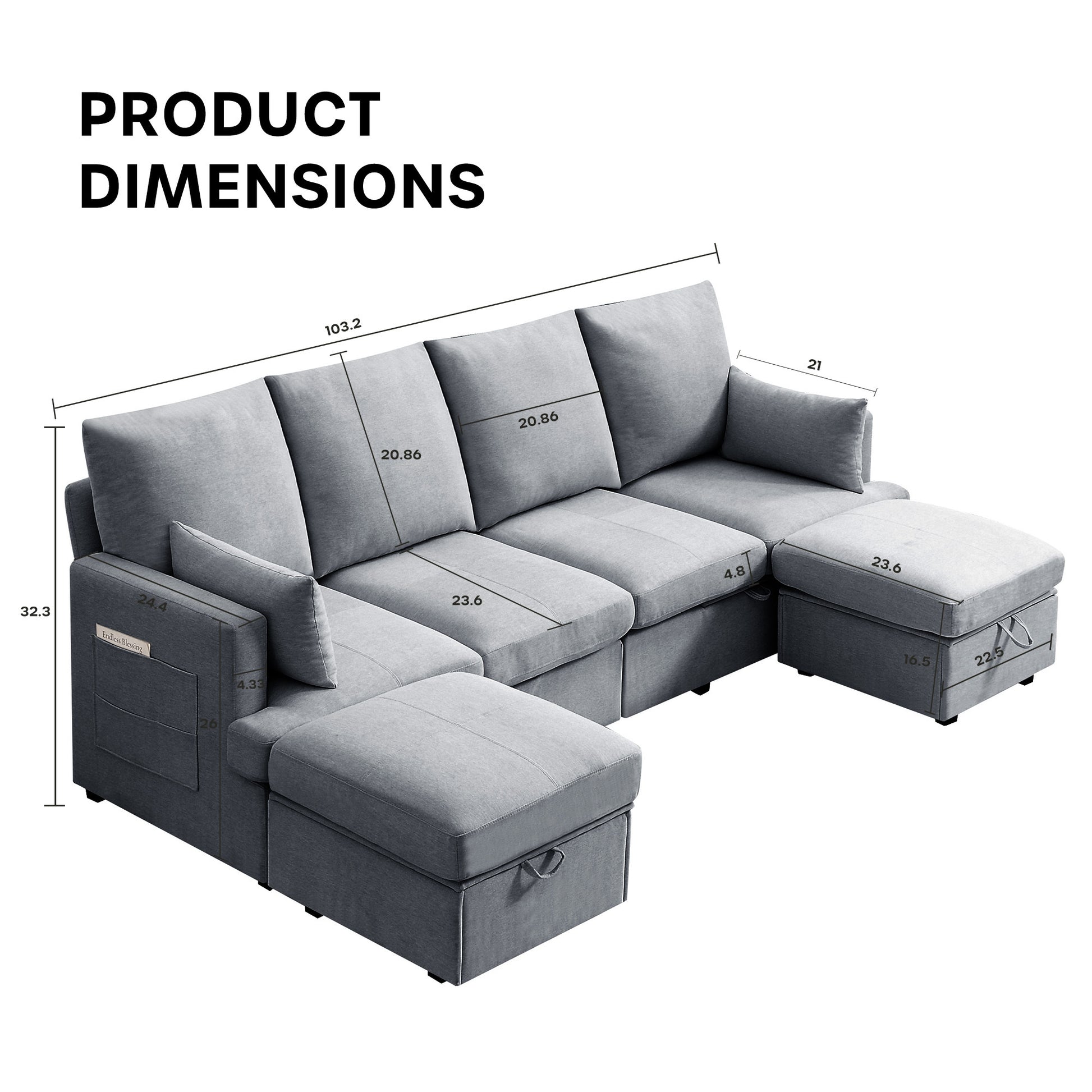 Modern U Shape Modular Sofa, 7 Seat Chenile Sectional Couch Set With 2 Pilows Lncluded, Freely Combinableindoor Funiture For Living Room,Apartment, Office, 3 Colors Light Gray Chenille Metal Primary Living Space Medium Soft Loose Back Modern Poplar Foam