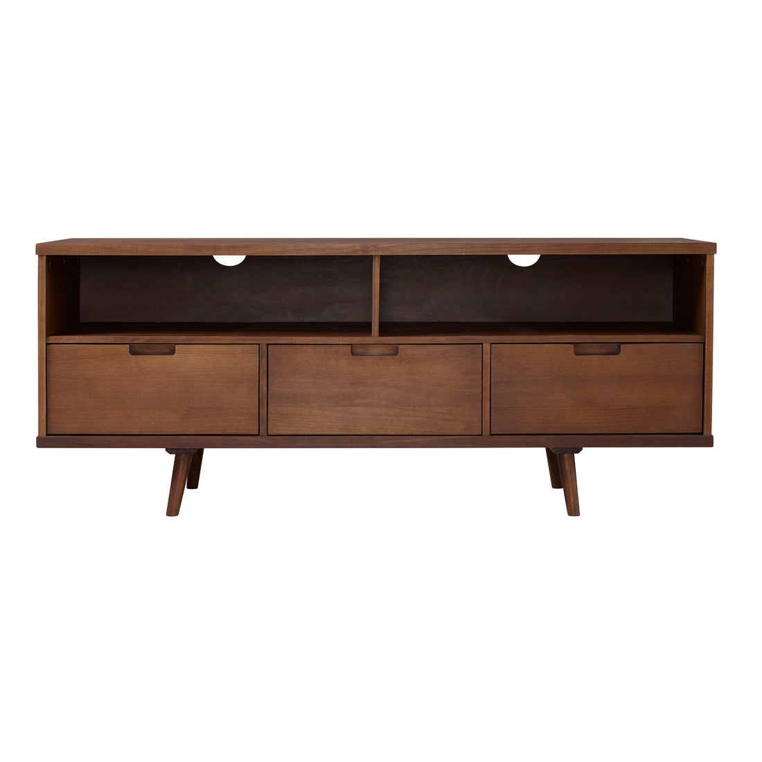 Mid Century Modern Solid Wood 3 Drawer 58" Tv Stand For 65" Tvs With 2 Open Cubbies Walnut Walnut Pine