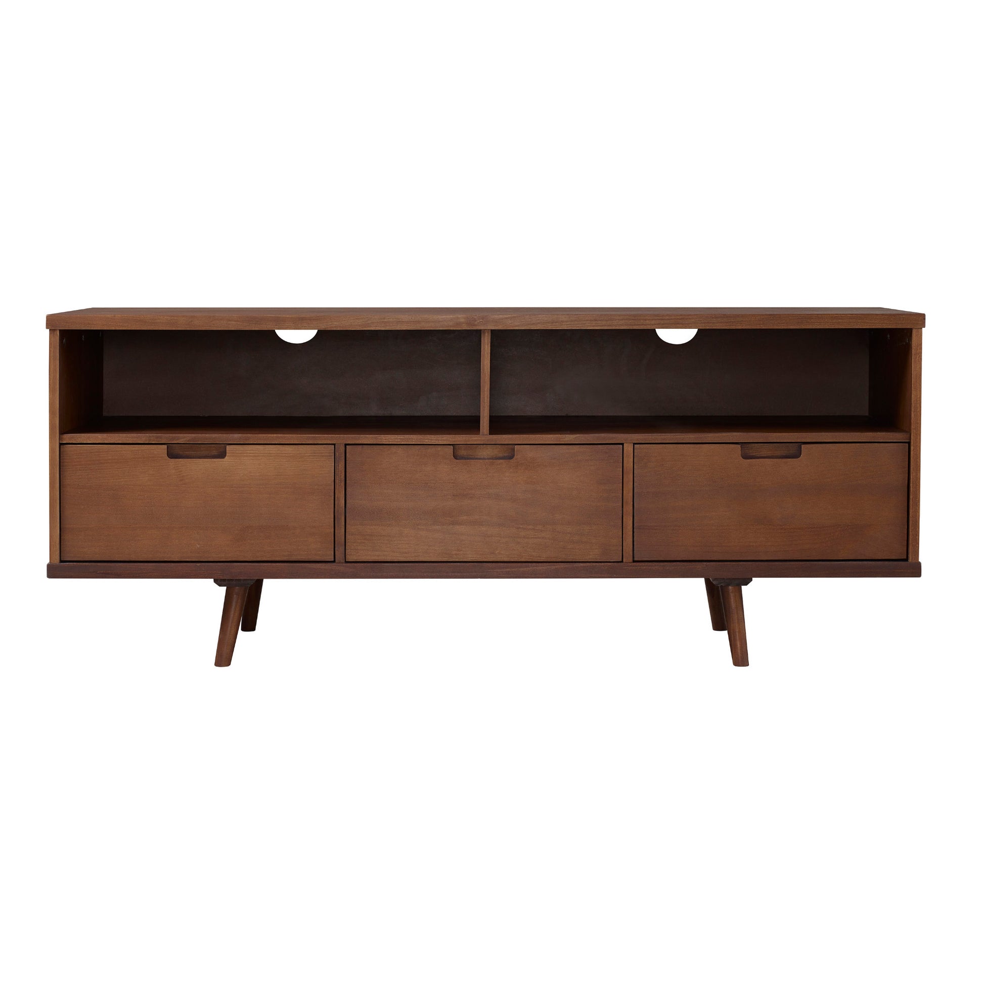 Mid Century Modern Solid Wood 3 Drawer 58" Tv Stand For 65" Tvs With 2 Open Cubbies Walnut Walnut Pine