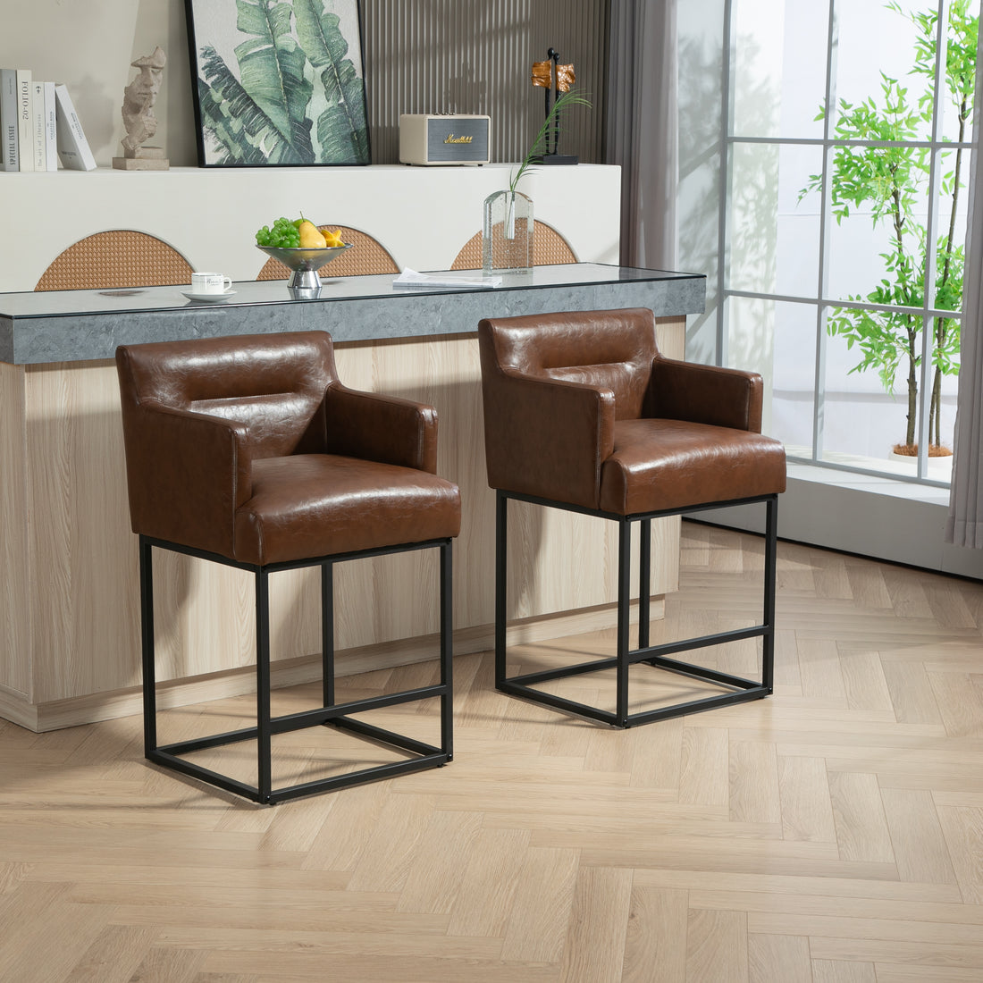 Coolmore Counter Height Bar Stools Set Of 2, Modern Square Bar Stool With Back, Black Metal Frames, Upholstered Bar Stools For Kitchen Island, Pub, Club Brown Pu Brown Pu Primary Living Space Foam Pu