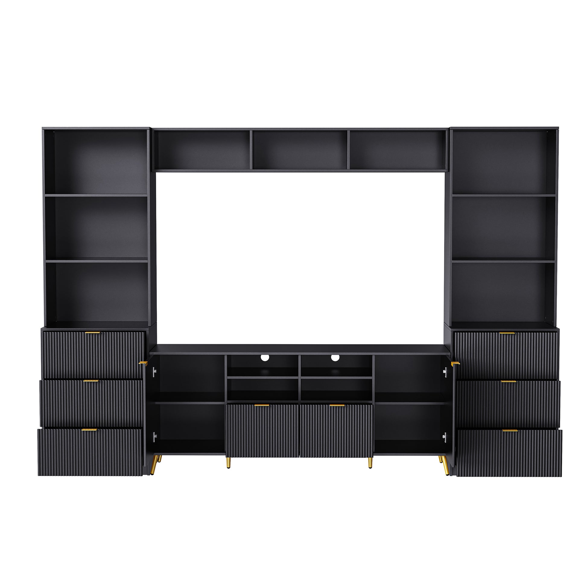 4 Piece Entertainment Wall Unit With 13 Shelves,8 Drawers And 2 Cabinets, Multifunctional Tv Stand Media Storage Cabinet With Fluted Line Surface For Living Room, For Tvs Up To 70" Black 60 69 Inches Mdf