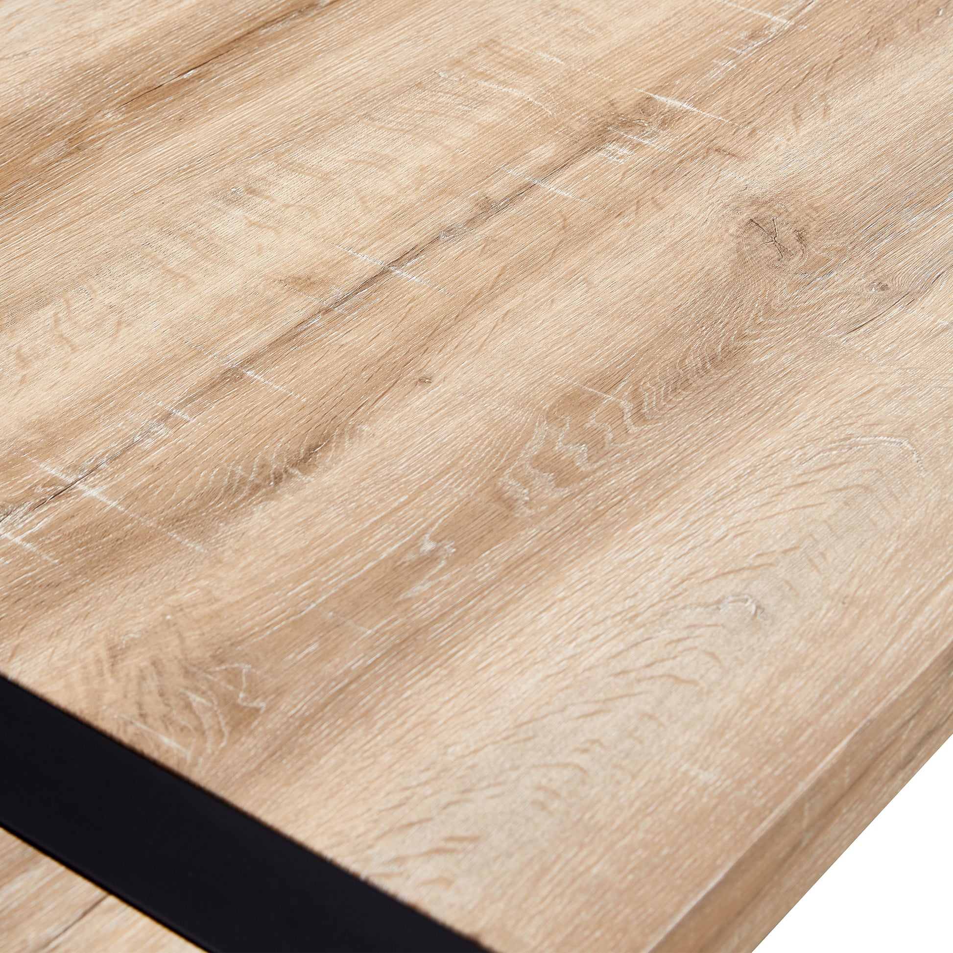 Table And Chair Set, Textured Top In Vintage Wood Color, Black Metal Legs. Dining Chair With White Faux Leather Backrest Cushion With Black Metal Legs. Wood Seats 8 Mdf Metal