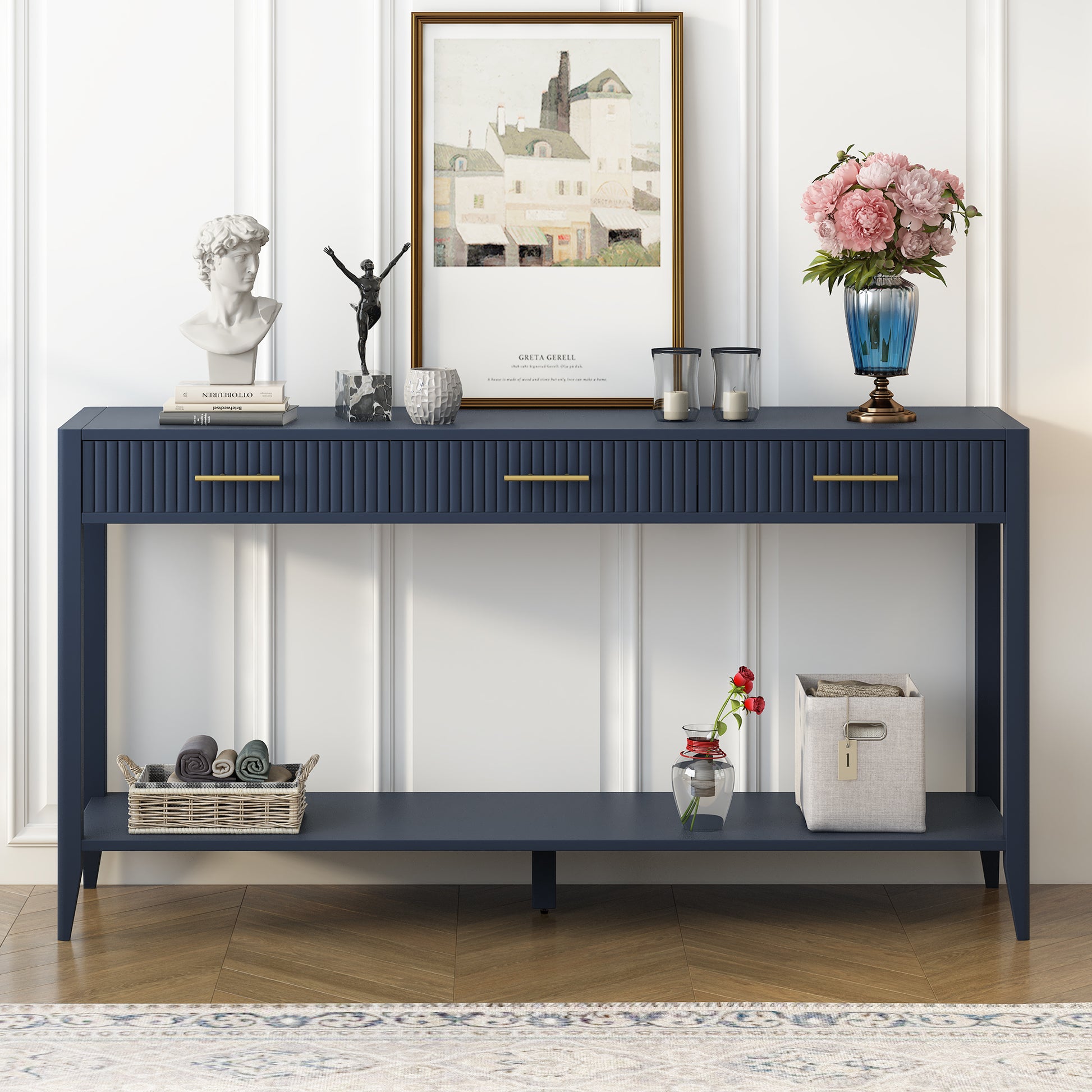 High Quality Entryway Console Table With Vertical Stripe Drawers, Long Legs,Suitable For Entryway, Hallway, Living Room, Foyer, Corridor Navy Blue Primary Living Space American Design Mdf