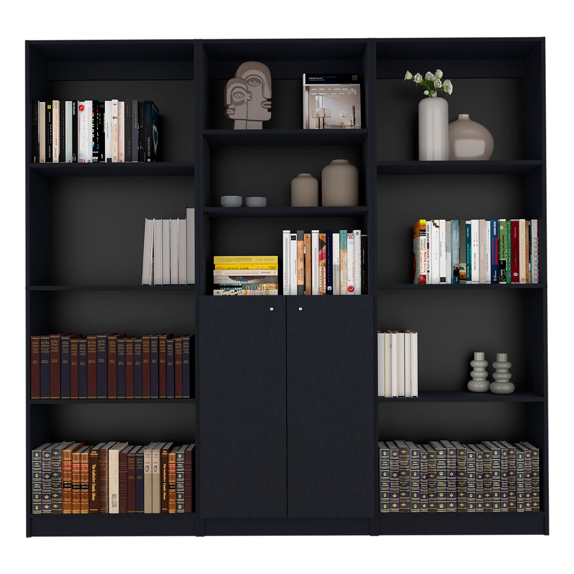 Duette 3 Piece Home Bookcase Set, 74" Wide With 11 Shelves And Two Door Cabinetliving Room Set Set Black Freestanding 5 Or More Shelves Black Office Open Storage Space Modern Particle Board