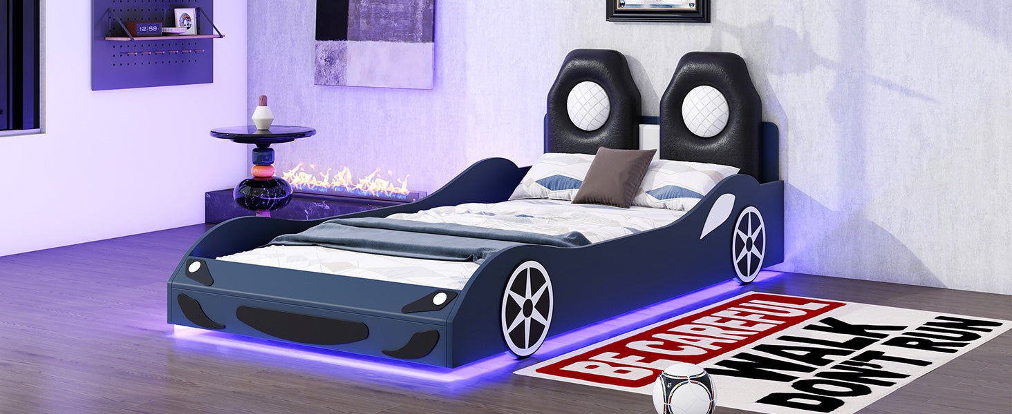 Wood Twin Size Race Car Shaped Platform Bed With Led And Upholstered Backrest, Blue Box Spring Not Required Twin Blue Wood Faux Leather,Solid Wood Mdf