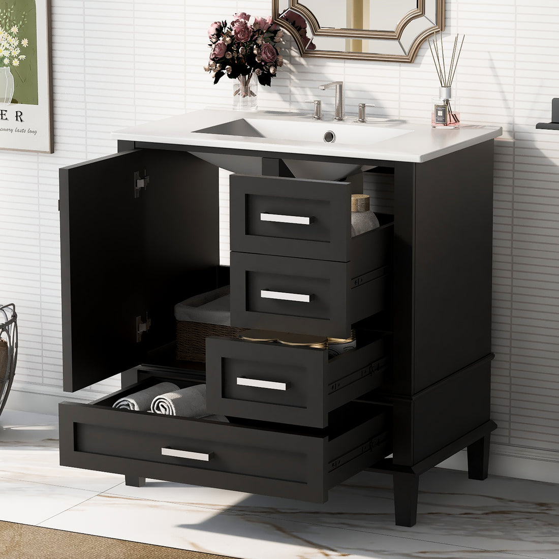 30" Bathroom Vanitymodern Bathroom Cabinet With Sink Combo Set, Bathroom Storage Cabinet With A Soft Closing Door And 3 Drawers, Solid Wood Frame Black Black Bathroom Solid Wood Mdf