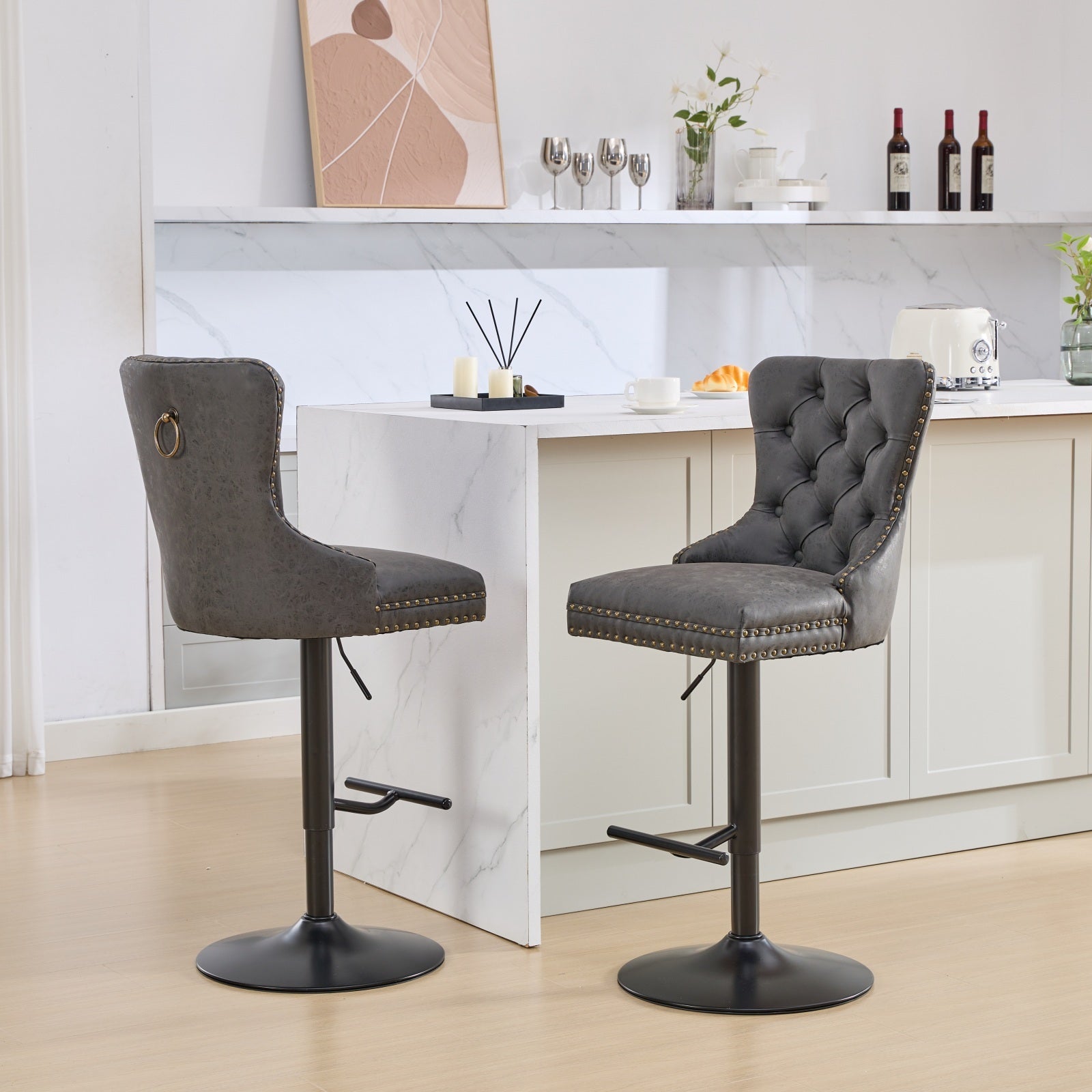 Aged And Retro Pu Swivel Barstools Adjusatble Seat Height From 25 33 Inch, Modern Bar Stools With Backs Comfortable Tufted For Home Pub And Kitchen Island Black,Set Of 2 Black American Design Bar Stools Set Of 2 Foam Pu Leather