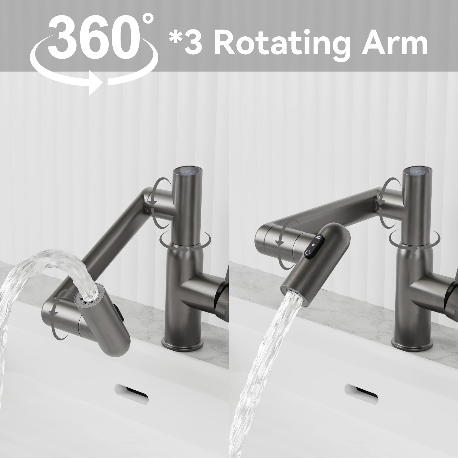 Gun Grey Bathroom Sink Faucet With Spray Function And Temperature Display For Anti Skid Switch And Hot & Cold And 360 Rotary One Gunmetal Deck Mounted Single Hole Faucets Bathroom Contemporary Brass Manual