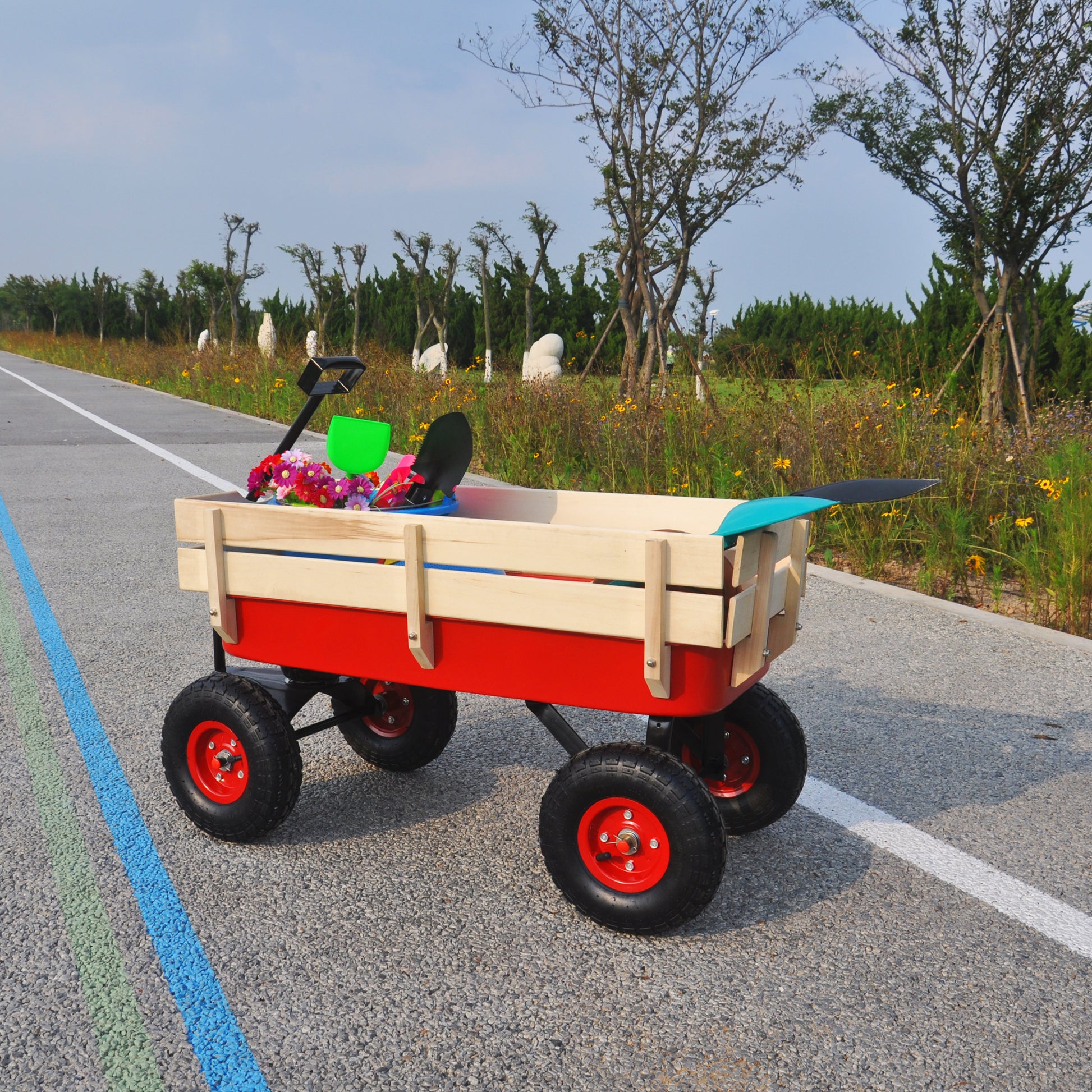 Outdoor Sport Wagon Tools Cart Wooden Side Panels Air Tires Wagon Red Red Garden & Outdoor Metal