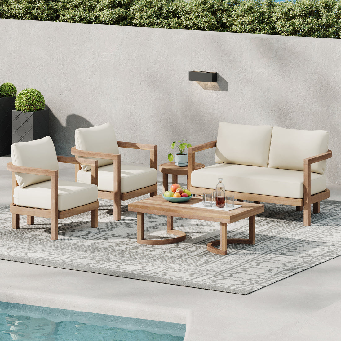 5 Pieces Acacia Wood Patio Furniture Set, Outdoor Furniture With Coffee Table, Patio Conversation Set Deep Seating With Soft Cushion, Porch Chairs For Garden, Backyard Porch Balcony, Brown Wash, Beige Yes Brown Beige Seats 4 Garden & Outdoor Sectional