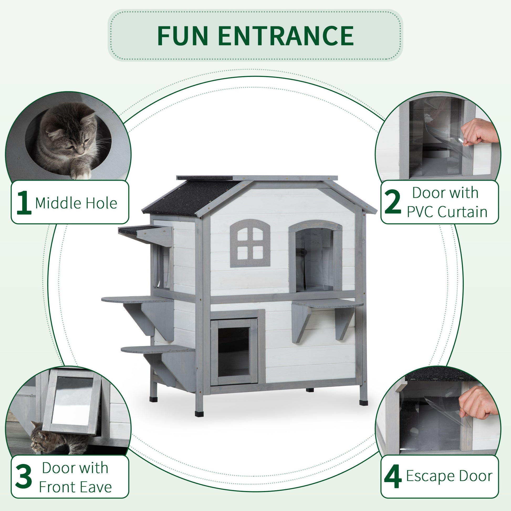 Pawhut 2 Story Cat House Outdoor, Weatherproof Wooden Cat Enclosure For Feral Cats With Escape Door, Openable Roof, Jumping Platforms, White White Wood