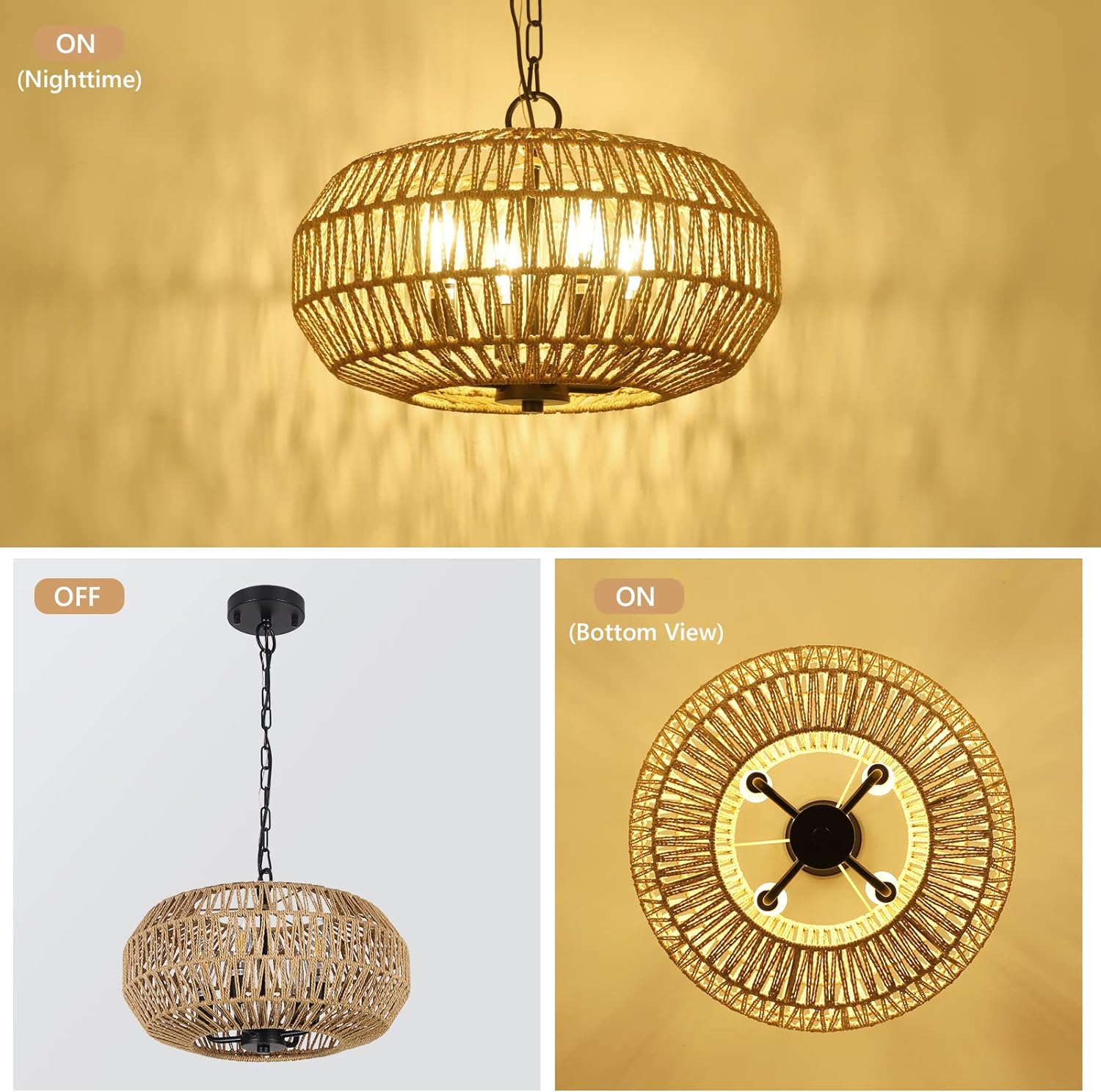 Farmhouse Rattan Pendant Lights, 15.7" 4 Light Boho Chandelier Light Fixture, Wicker Hand Woven Basket Pendant Hanging For Dining Room Living Room Kitchen Island Bedroom Foyer, Height Adjustable Brown Rattan Metal