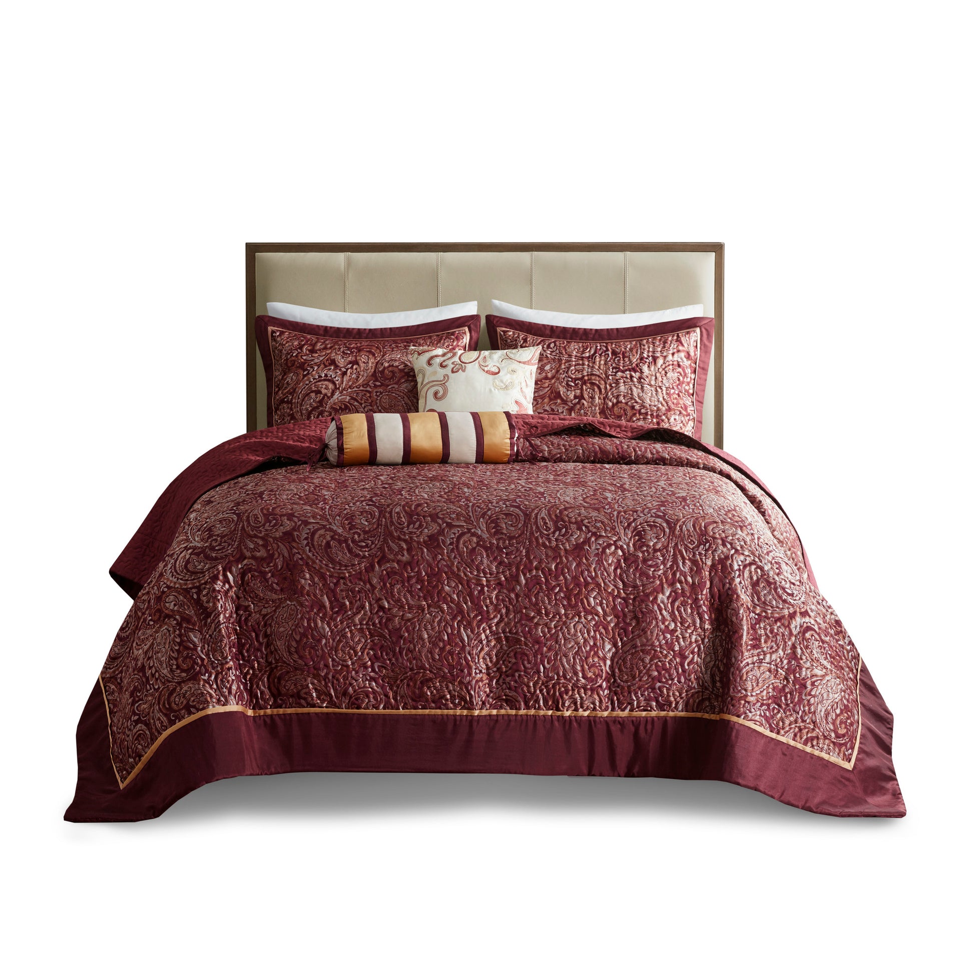 5 Piece Jacquard Bedspread Set With Throw Pillows Burdy King King Burgundy Cotton