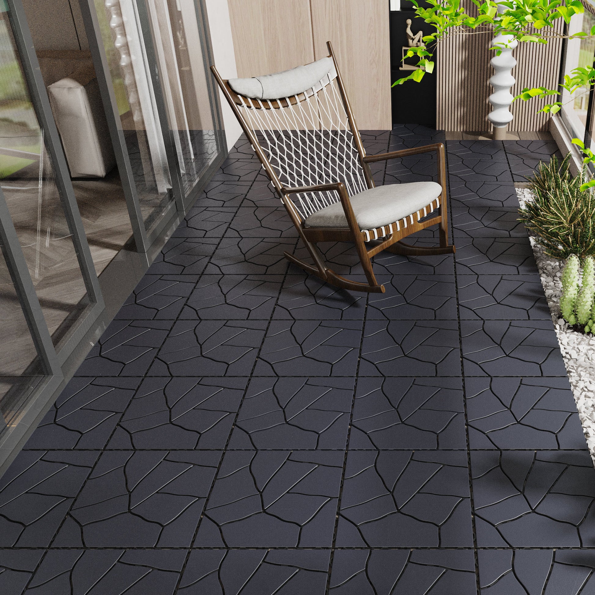 Stone Style 12" Patio Deck Tiles, Diy Module Interlocking Decking Tiles Floor Tile,Easy And Quick Installation Court Tiles For Porch Poolside Balcony Backyard 44Pcs Dark Gray Grey Polypropylene