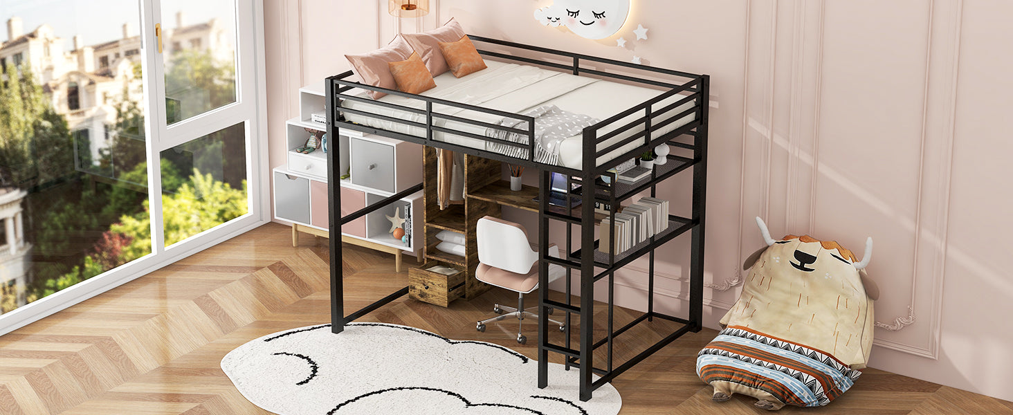 Full Size Metal Loft Bed With Built In Wardrobe, Drawer, Desk And Shelves, Black Expected Arrival Time: 9.7 Box Spring Not Required Full Black Metal Wood Metal