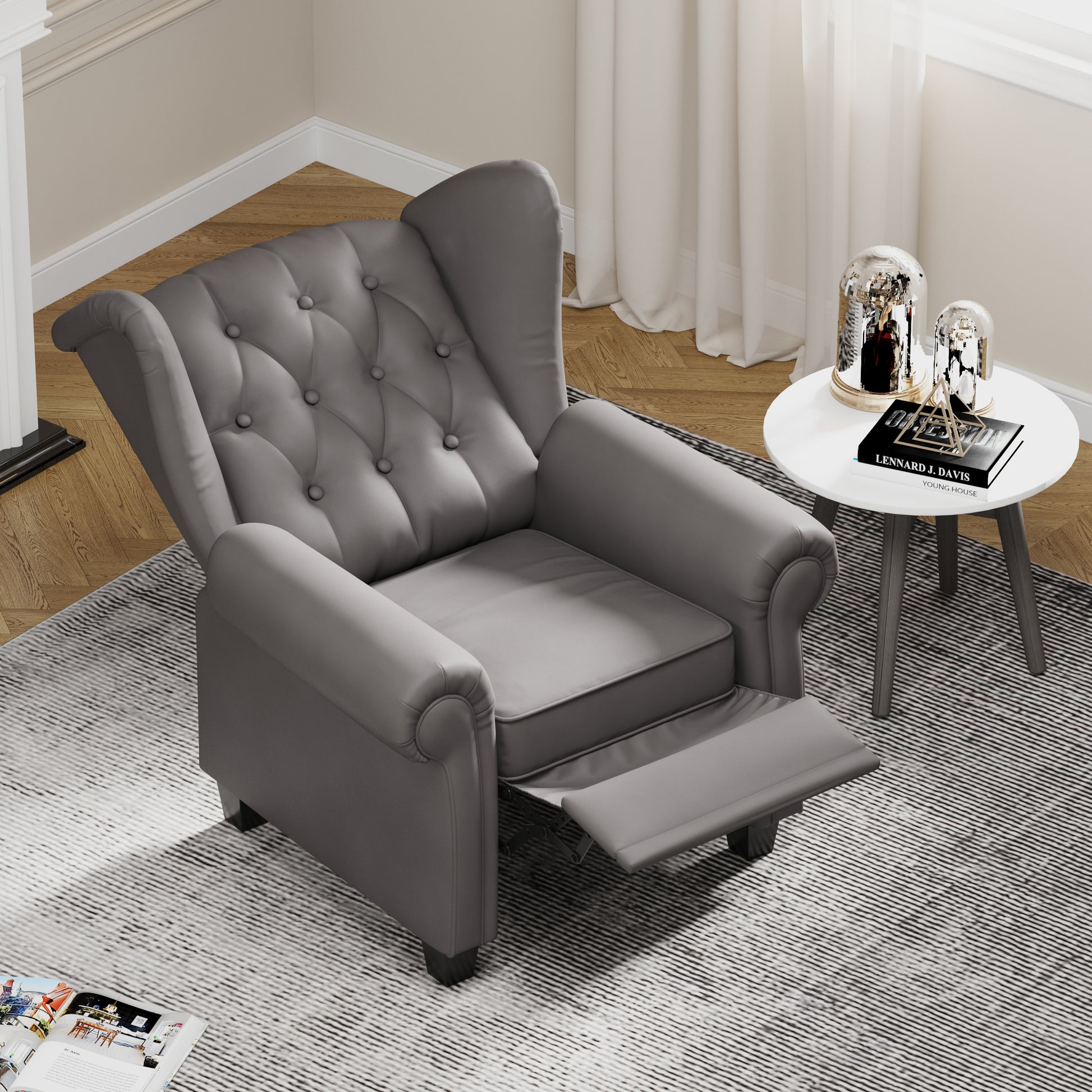 Modern Tufted Push Back Armchair Technical Leather Chair, Adjustable Single Sofa Chair With Sturdy Wood Legs For Bedroom, Living Room, Small Space Color:Grey Grey Primary Living Space Mid Century