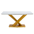 Table And Chair Set, The Table Is Equipped With A Marble Patterned Mdf Tabletop And Gold Table Legs.The Chair Is Equipped With Pu Synthetic Leather High Back Cushion And Gold Coated Metal Legs. Grey Gold Seats 4 Mdf Metal