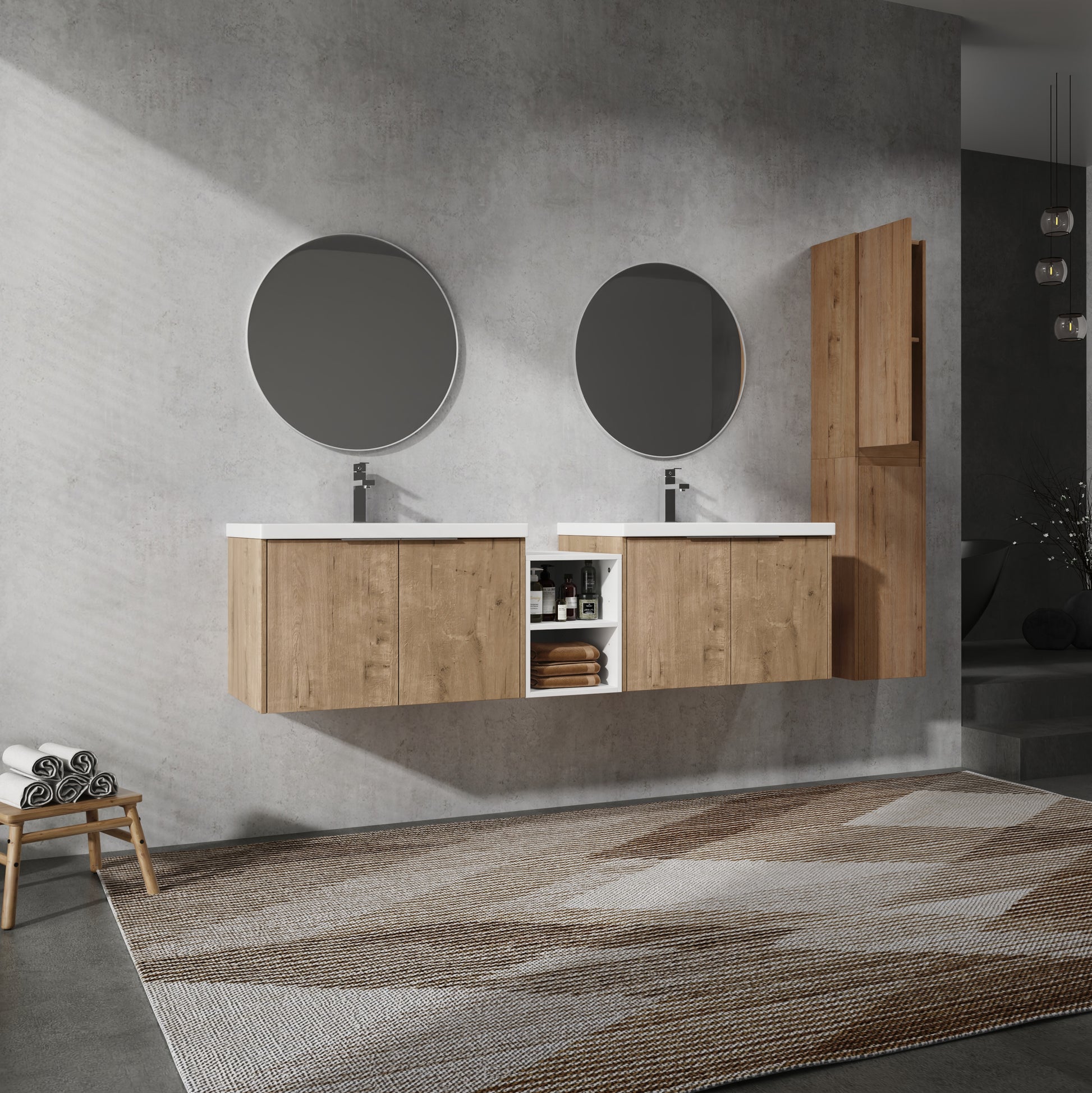 72" Wall Mounted Bathroom Vanity With Sink And Side Cabinet, Soft Close Doors,00112Imo 00630Imox2 00612Gwh Combination Cabinet Kd Packing Imitative Oak Bathroom Modern Plywood Plywood