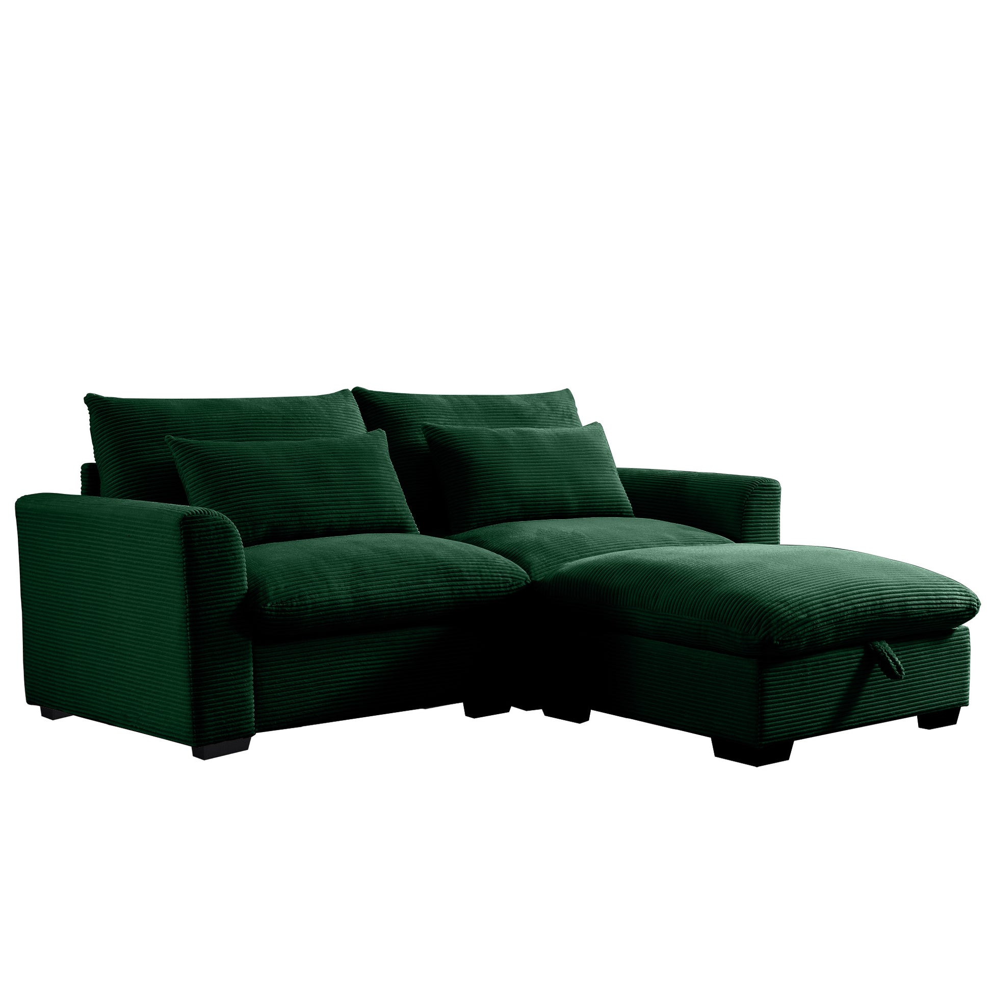 Sectional Sofa Comfy Corduroy Couch For Living Room With Pillows And Round Armrests, Modern Corduroy Sofa Sleeper Deep Couches With Storage Ottoman Green, 2 Seat Green Corduroy 2 Seat
