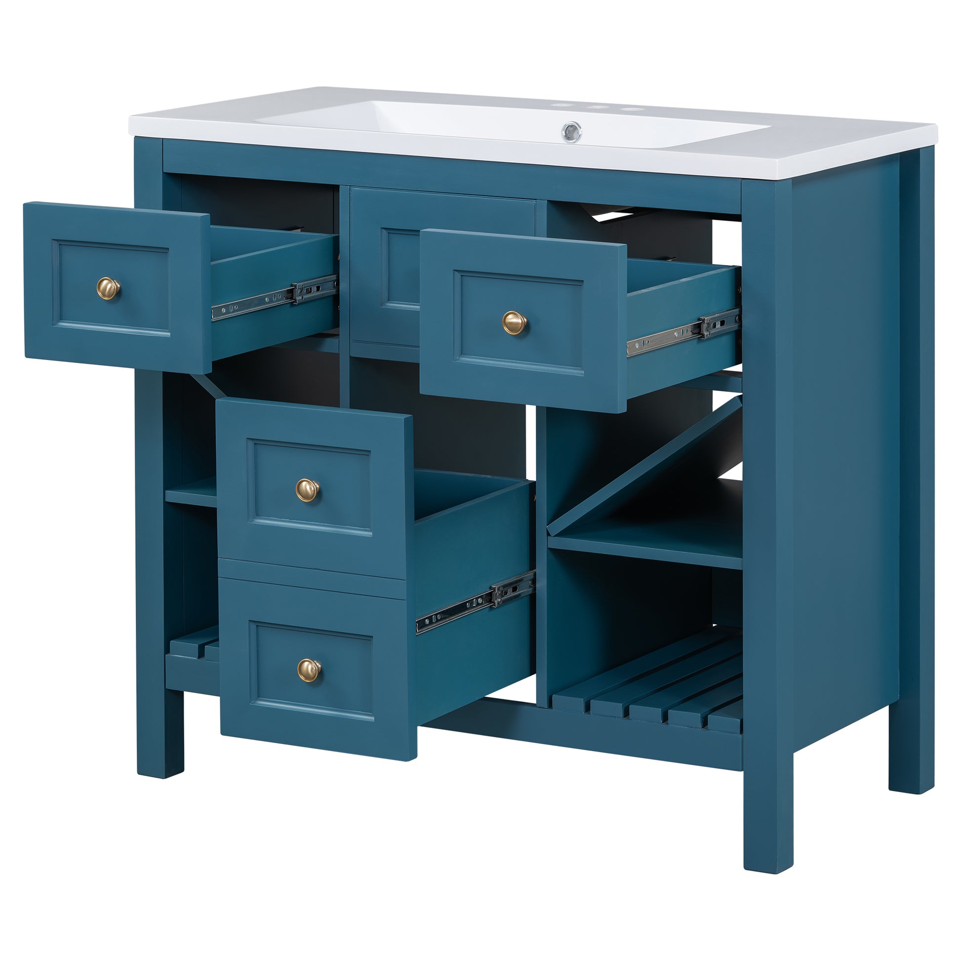 36'' Bathroom Vanity With Resin Sink Combo, Solid Wood Frame Bathroom Storage Cabinet, Freestanding Vanity Set With 5 Drawers& Soft Closing Doors Same As Sw000141Aam Blue Bathroom Solid Wood Mdf Resin