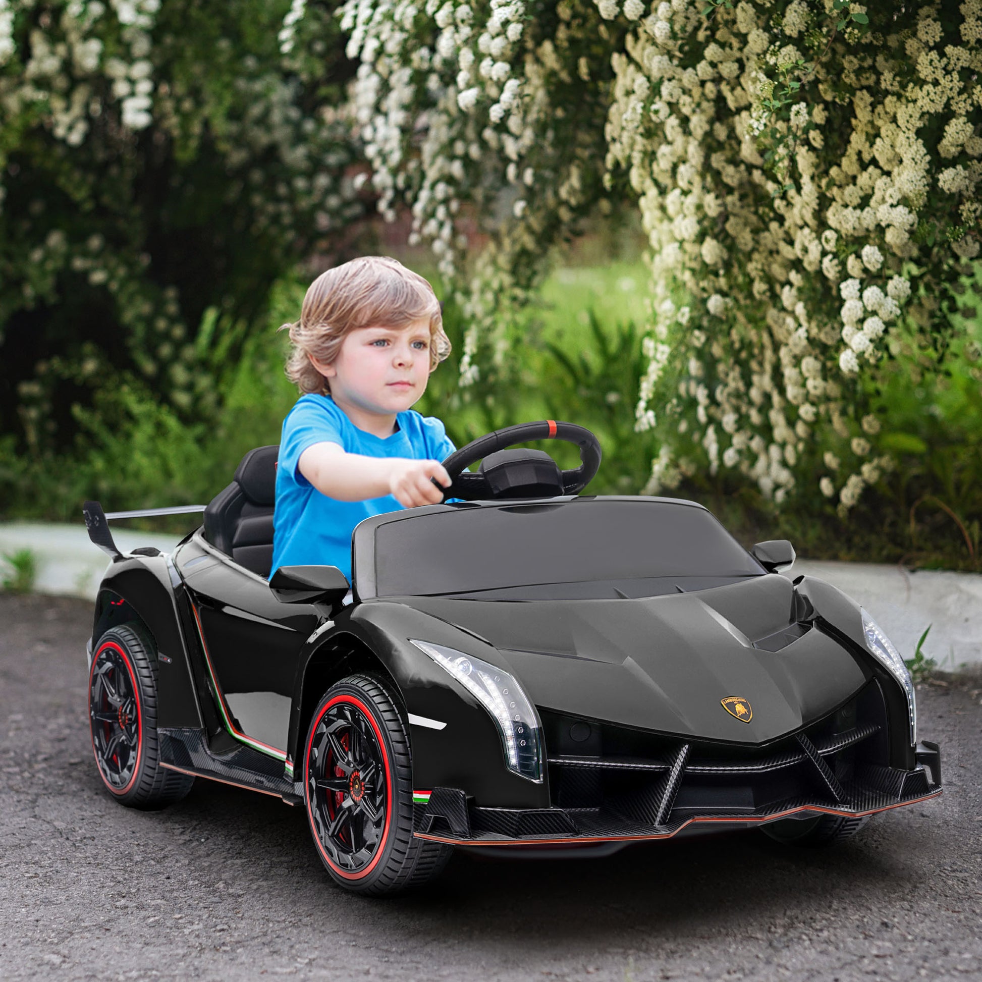 Aosom Lamborghini Veneno Licensed Kids Electric Car With Bluetooth, 12V Ride On Car With Butterfly Doors, Remote Control, Portable Battery, Suspension System, Horn, Songs, Lights, Black Black