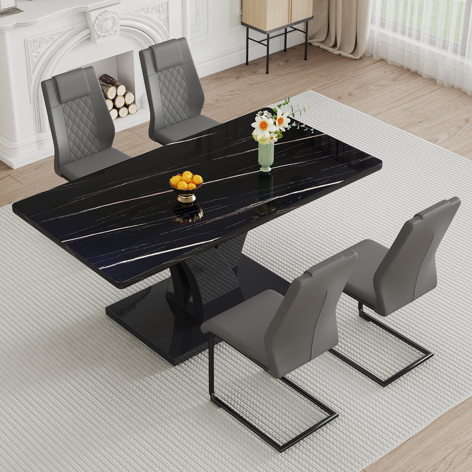 Modern Dining Table, Black Desktop And Black Mdf Leg Dining Table Are The Perfect Choice For Dinner, Conference, Home And Office Decoration F 790 Black Mdf