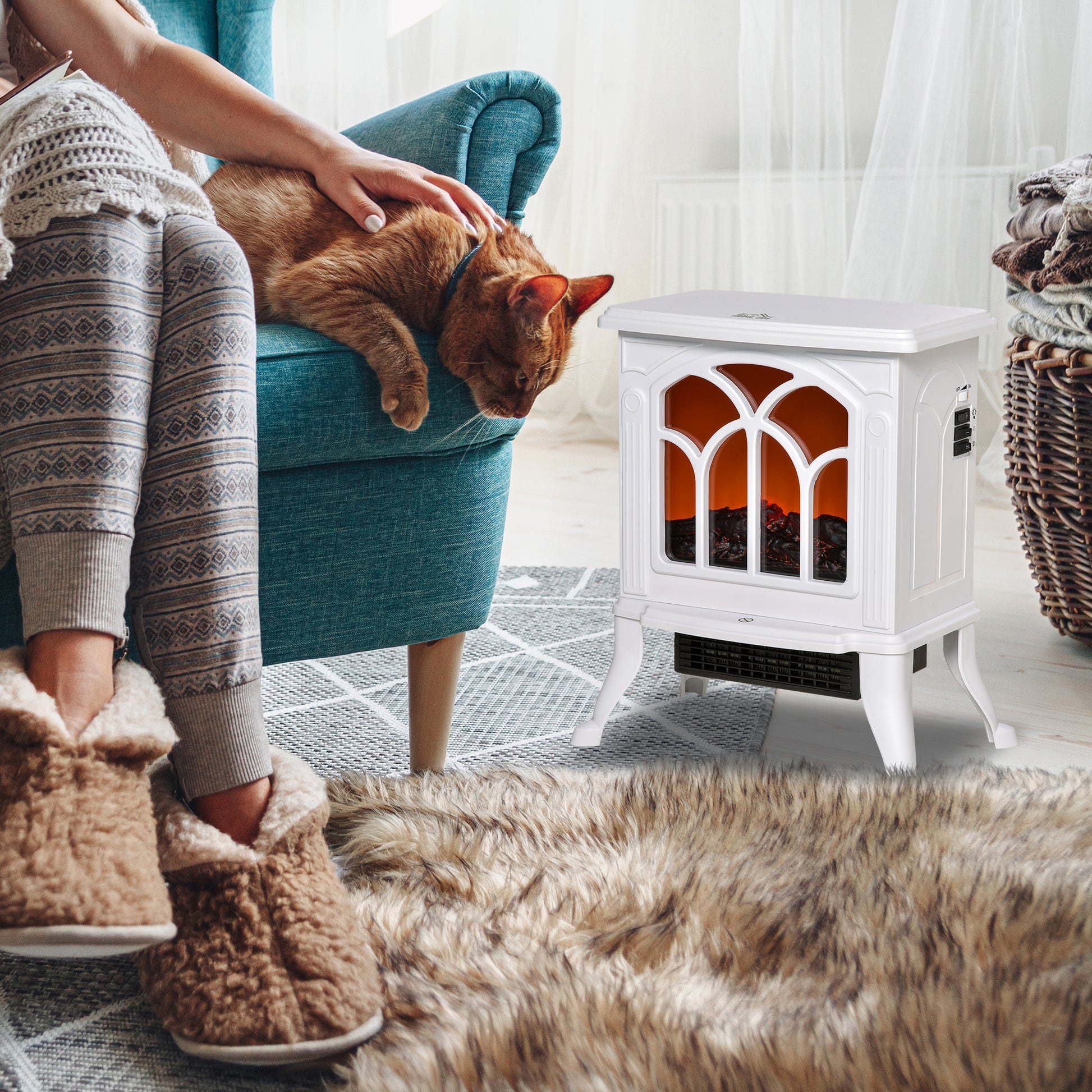 Homcom 17" Freestanding Electric Fireplace Stove, Fire Place Heater With Realistic Logs And Flame Effect And Overheat Protection, 750W 1500W, White White Plastic