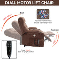 Brown Dual Motor Infinite Position Up To 350 Lbs Chenille Power Lift Recliner Chair, Heavy Duty Motion Mechanism With 8 Point Vibration Massage And Lumbar Heating, Dual Cup Holders White Metal