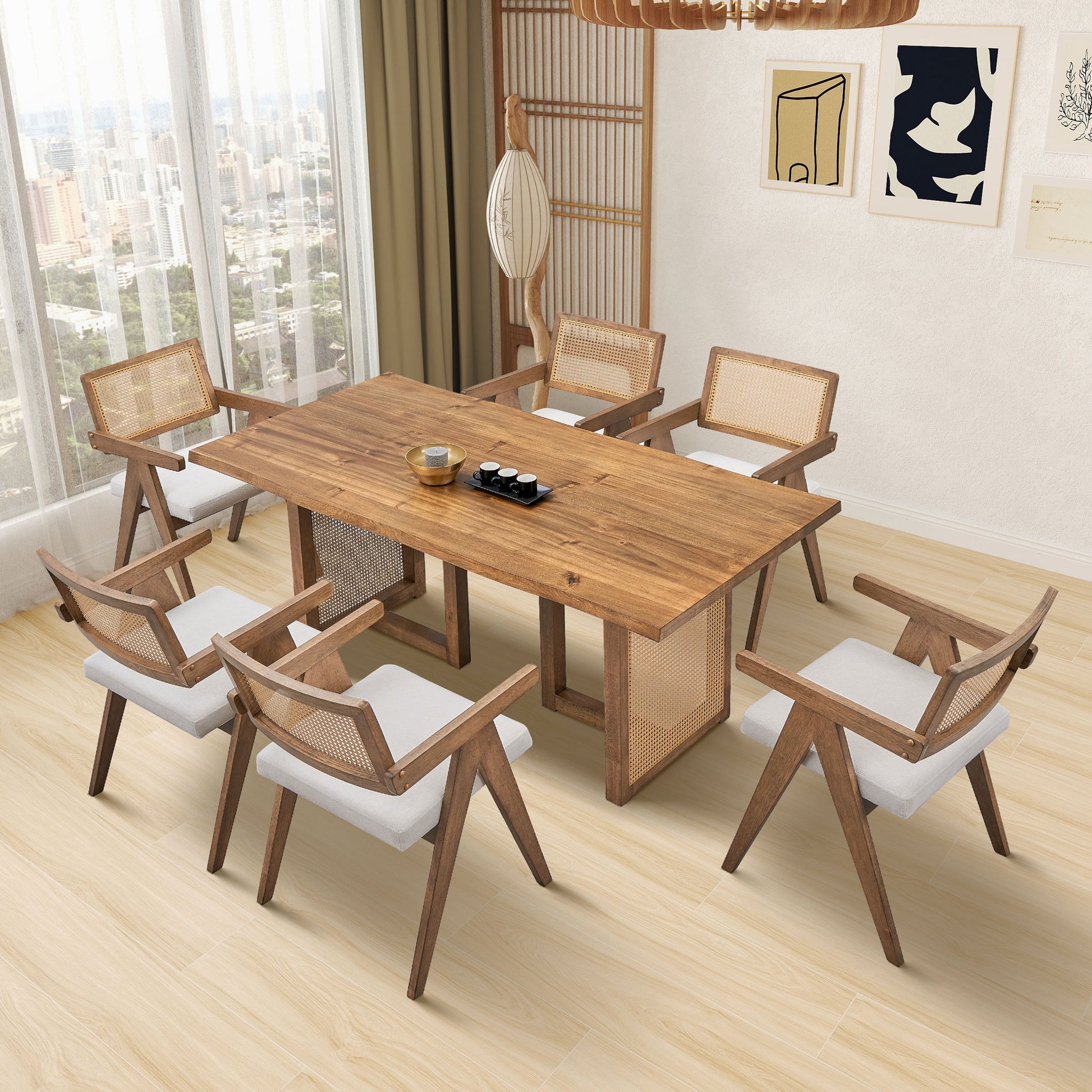 70.87 Inch Large Rectangular Dining Set,5 Pcs Wooden Dining Table And Chairs,Mid Century Modern Large Kitchen Set For Living Room,Bohemian Dining Table With Rattan Weave For Restaurant,Office,Oak