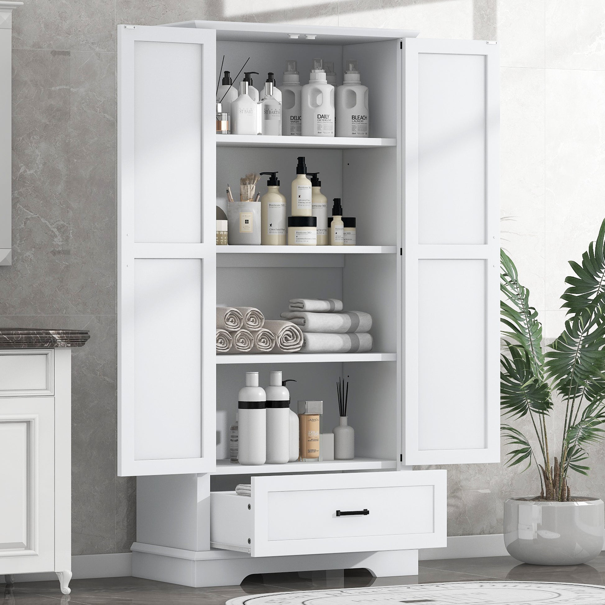 Tall Bathroom Storage Cabinet, Cabinet With Two Doors And One Drawer, Adjustable Shelf, Mdf Board, White White Mdf