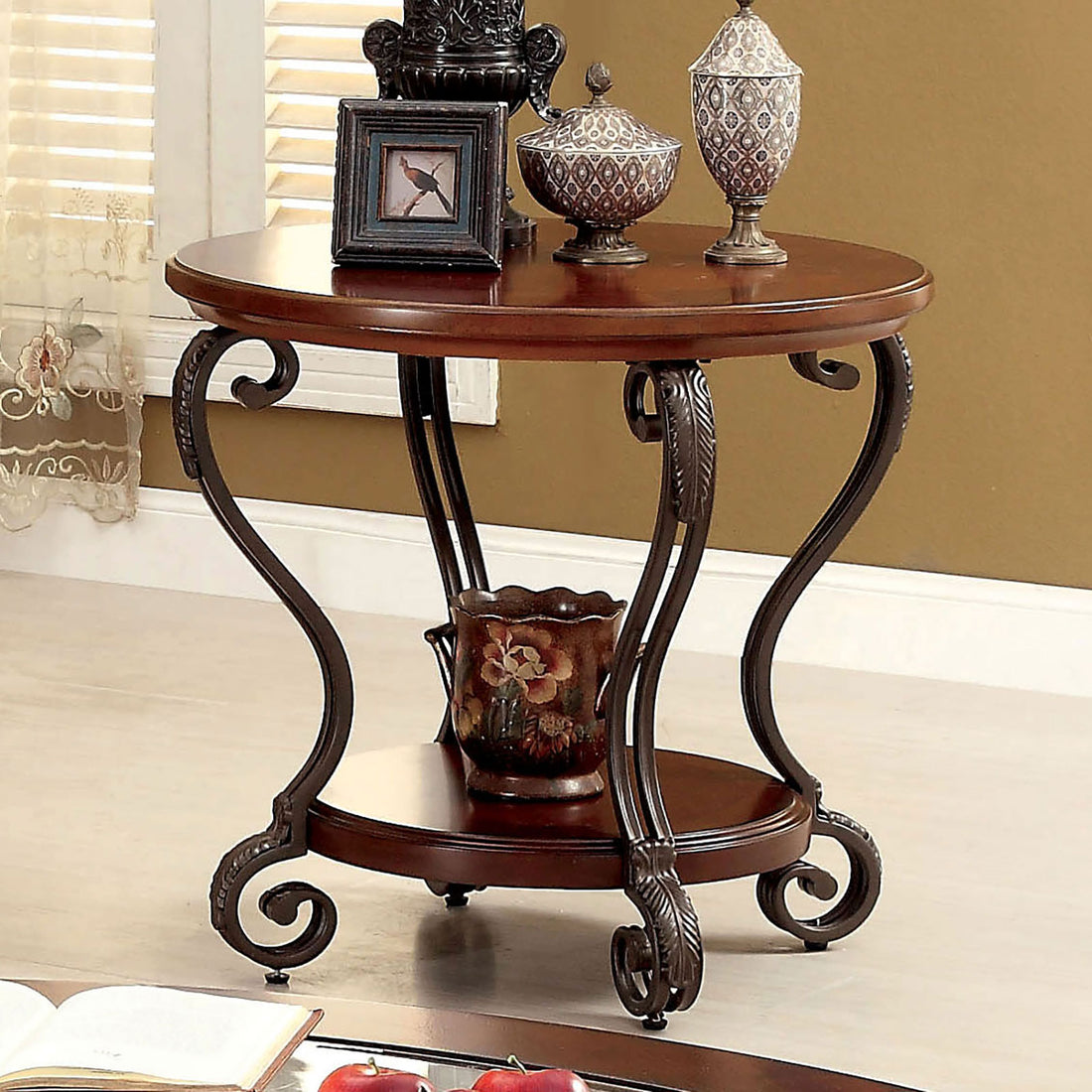 Traditional Style Brown Cherry 1Pc End Table Open Bottom Shelf Ornate Design Living Room Furniture Brown Multi Primary Living Space Classic,Contemporary,Ornate Traditional,Traditional Open Storage Coffee & End Tables Solid Wood