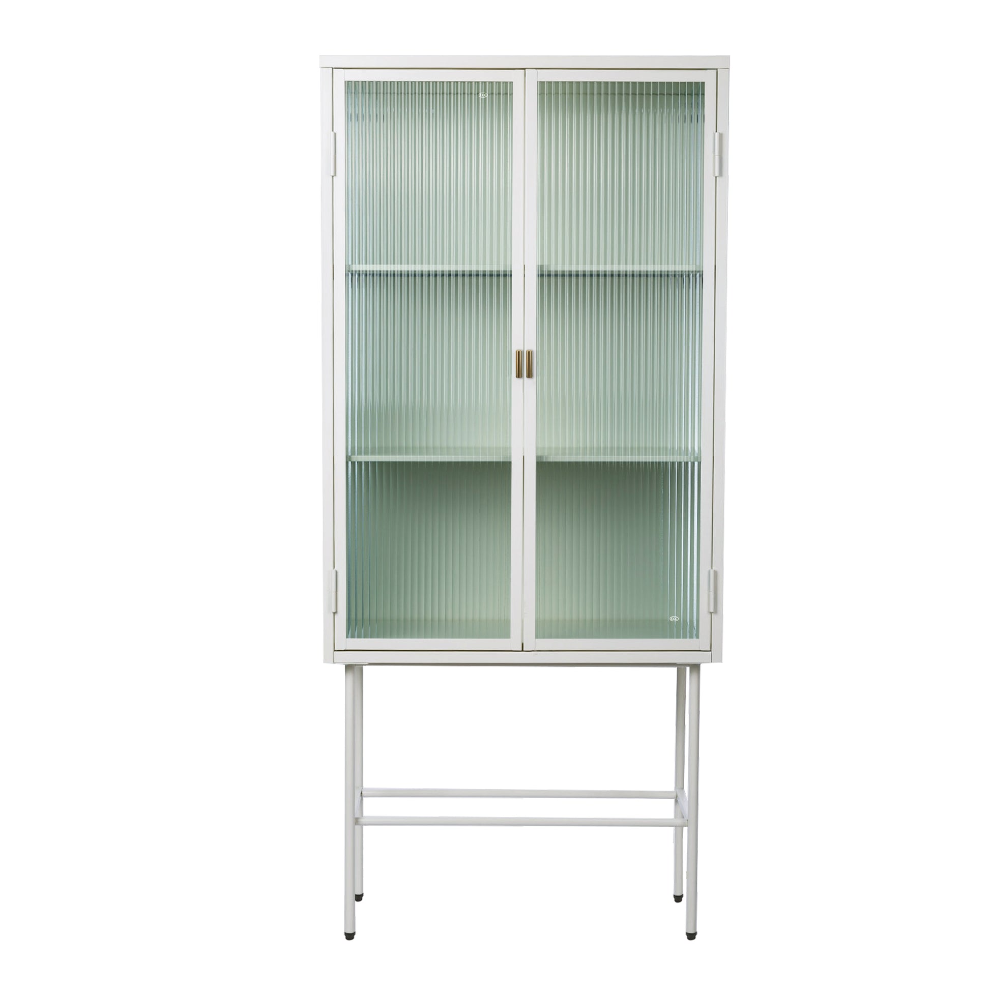 White Tall Freestanding Display Cupboard Stylish Fluted Glass Storage Cabinet With Glass Doors Three Detachable Shelves Bottom Space For Office Dining Room Living Room Bedside Old Sku:W68743735 White Steel