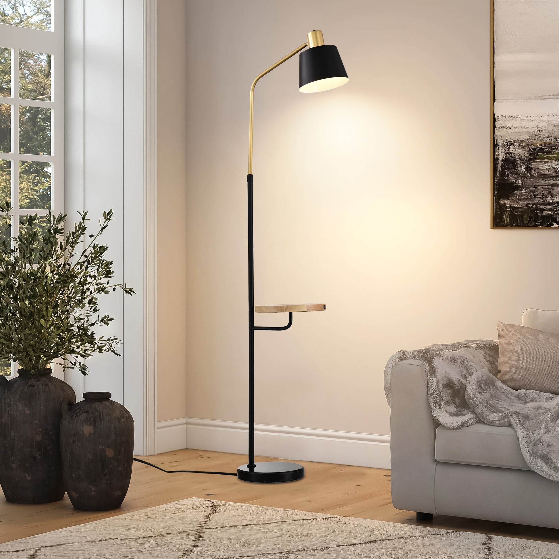 Real Marble Floor Lamp With Wood Bedside Nightstand End Table And Built In Usb Charging Port For Living Room Sofas Bedroom,Matte Gold Matte Black Matte Black American Design,Industrial,Luxury,Modern Metal