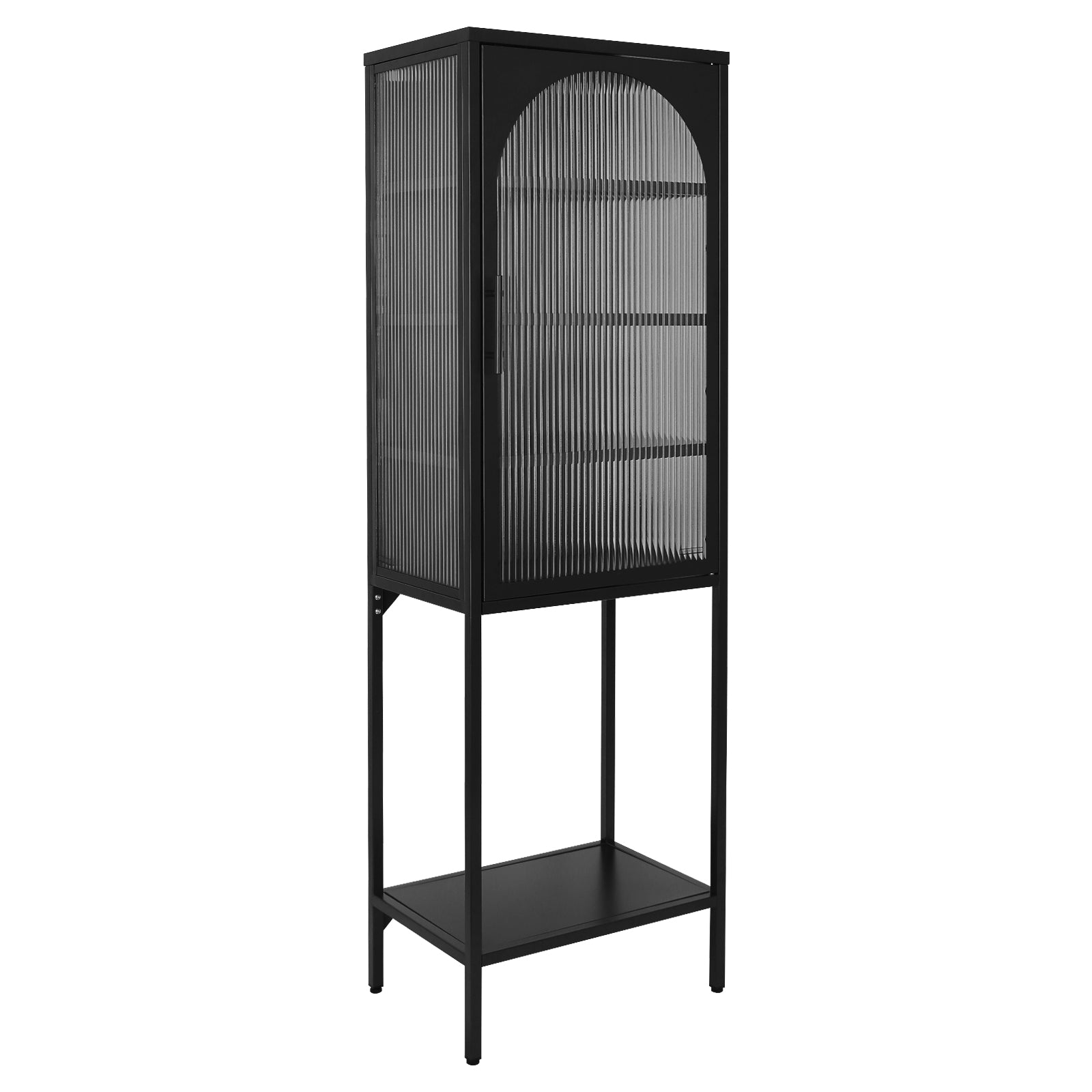 Stylish Tempered Glass High Cabinet With Arched Door Adjustable Shelves And Feet Anti Tip Dust Free Fluted Glass Kitchen Credenza Black Black Tempered Glass Sheet Metal Plastic