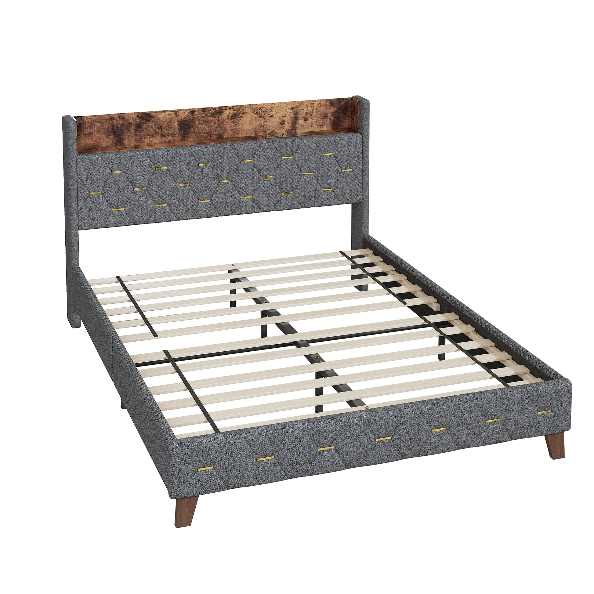 Queen Bed With Elegant Gold Metal Buttons, Built In Usb Ports, Phone Storage Pocket, And Spacious Headboard Shelving Sturdy Frame Supports Up To 300 Lbs,Mattress Not Included Queen Aqua Grey Abs