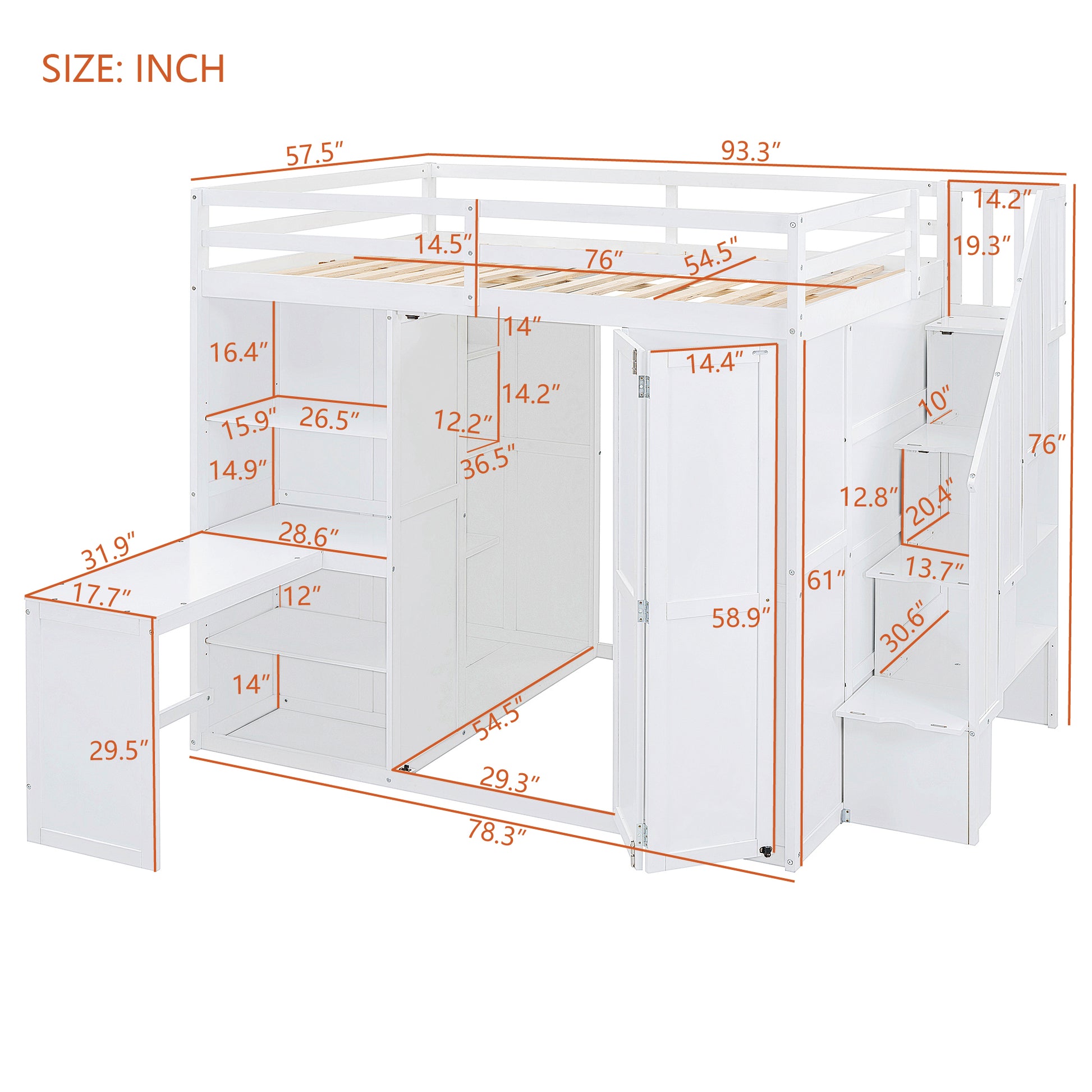 Full Size Loft Bed With Wardrobe,Desk And Shelves,White White Mdf Lvl