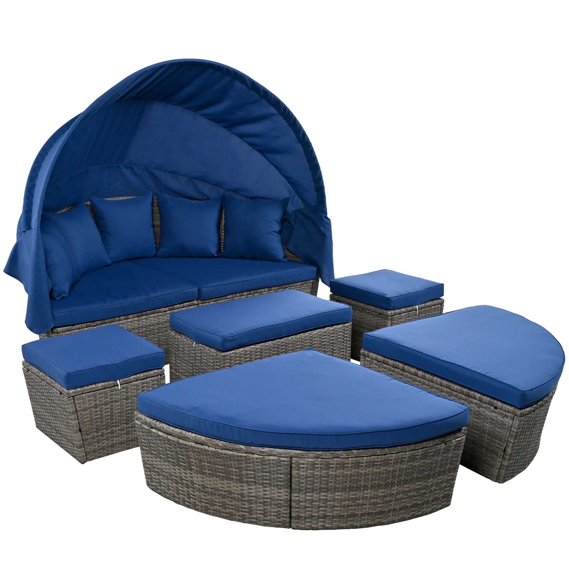 Outdoor Rattan Daybed Sunbed With Retractable Canopy Wicker Furniture, Round Outdoor Sectional Sofa Set, Gray Wicker Furniture Clamshell Seating With Washable Cushions, Backyard, Porch, Blue Yes Blue Seats 8 Garden & Outdoor Foam Wicker