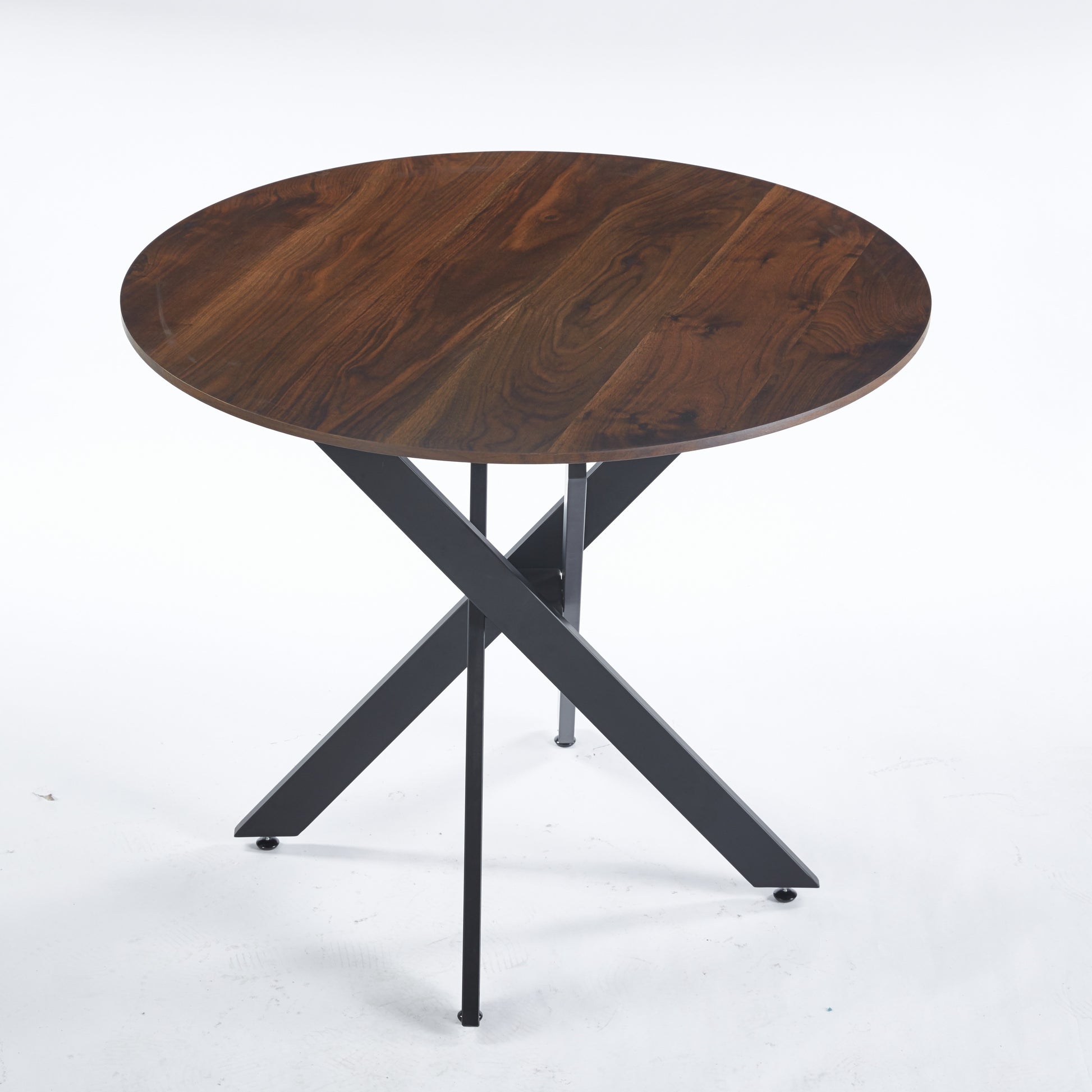 Dining Table With Cross Metal Leg And Mdf Top,Modern Space Saving Kitchen Table For Living Room,Black Legs,Round Table,Oak Color Top,90X90X75Cm Black Dark Walnut Mdf Metal