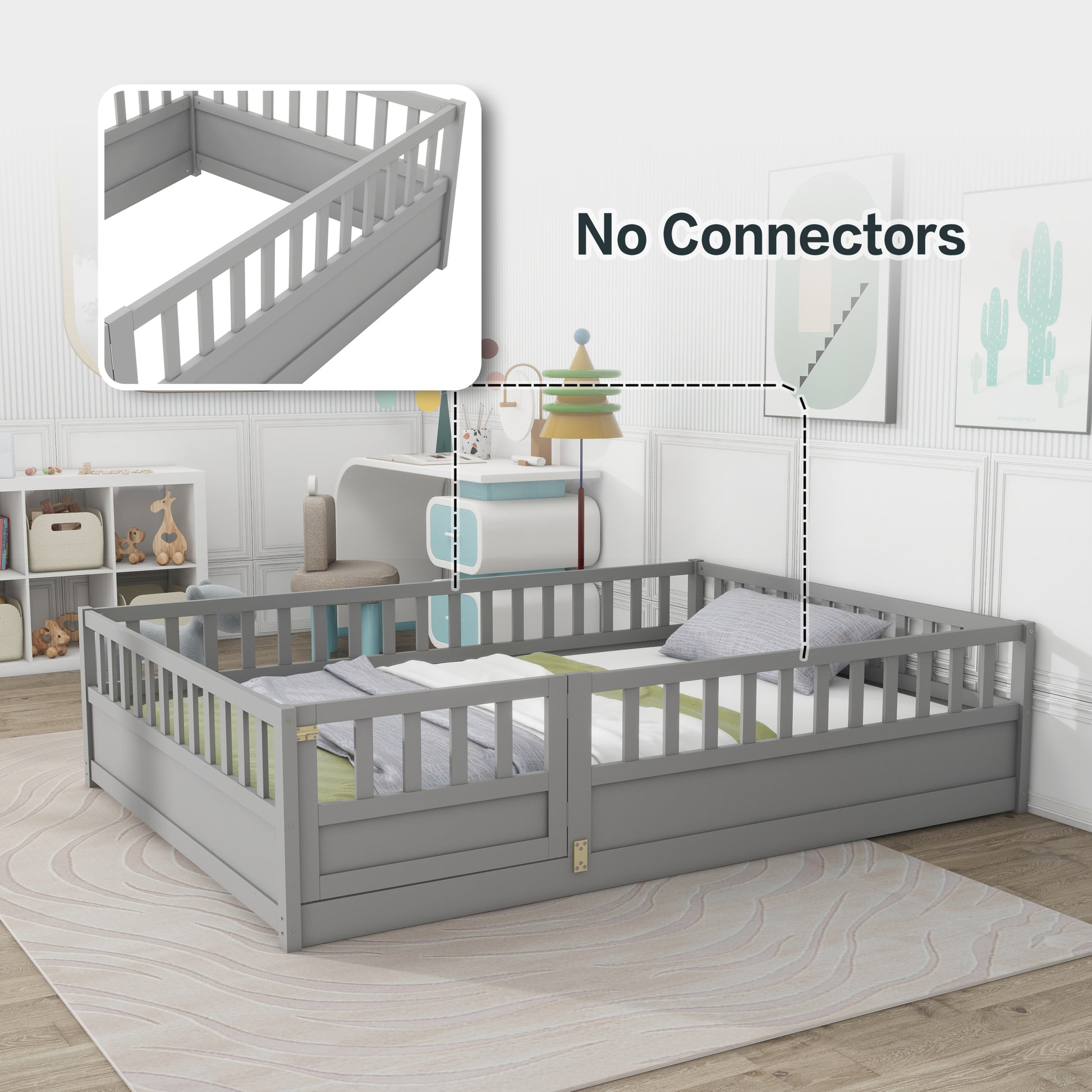 Full Size Floor Bed, Integral Construction With Super High Security Barrier, Door, Children'S Floor Bed Frame, Montessori Wooden Children'S Floor Bed, Grey Box Spring Required Full Grey Wood Brown Bedroom American Design,Artsy Pine Bed Frame Pine