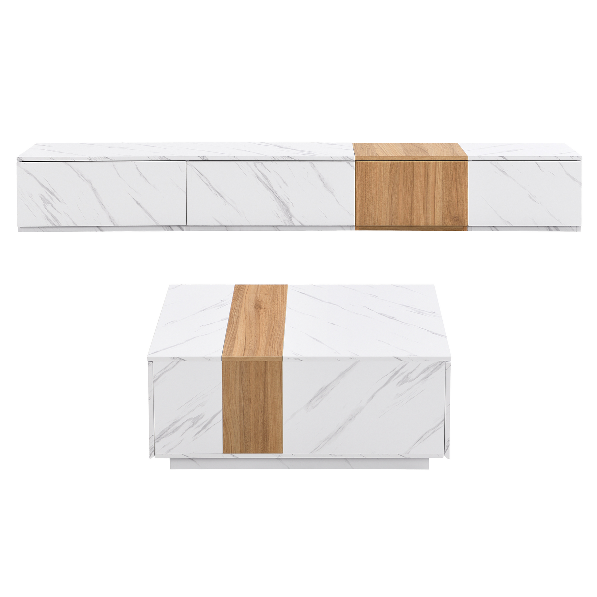 Tv Stand And Coffee Table With Faux Marble, Walnut Wood Grain Finish, Set Of 2, Modern Entertainment Center For Tvs Up To 88'', Center Table With 2 Storage Drawers For Living Room, White White 80 89 Inches Particle Board