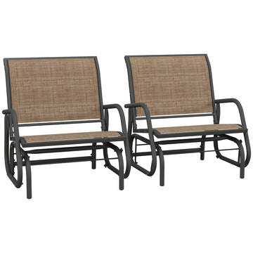 Outsunny Porch Glider Set Of 2, Metal Frame Swing Glider Chairs Withmesh Fabric, Curved Armrests And Steel Frame For Garden, Poolside, Backyard, Balcony, Light Mixed Brown Black Steel