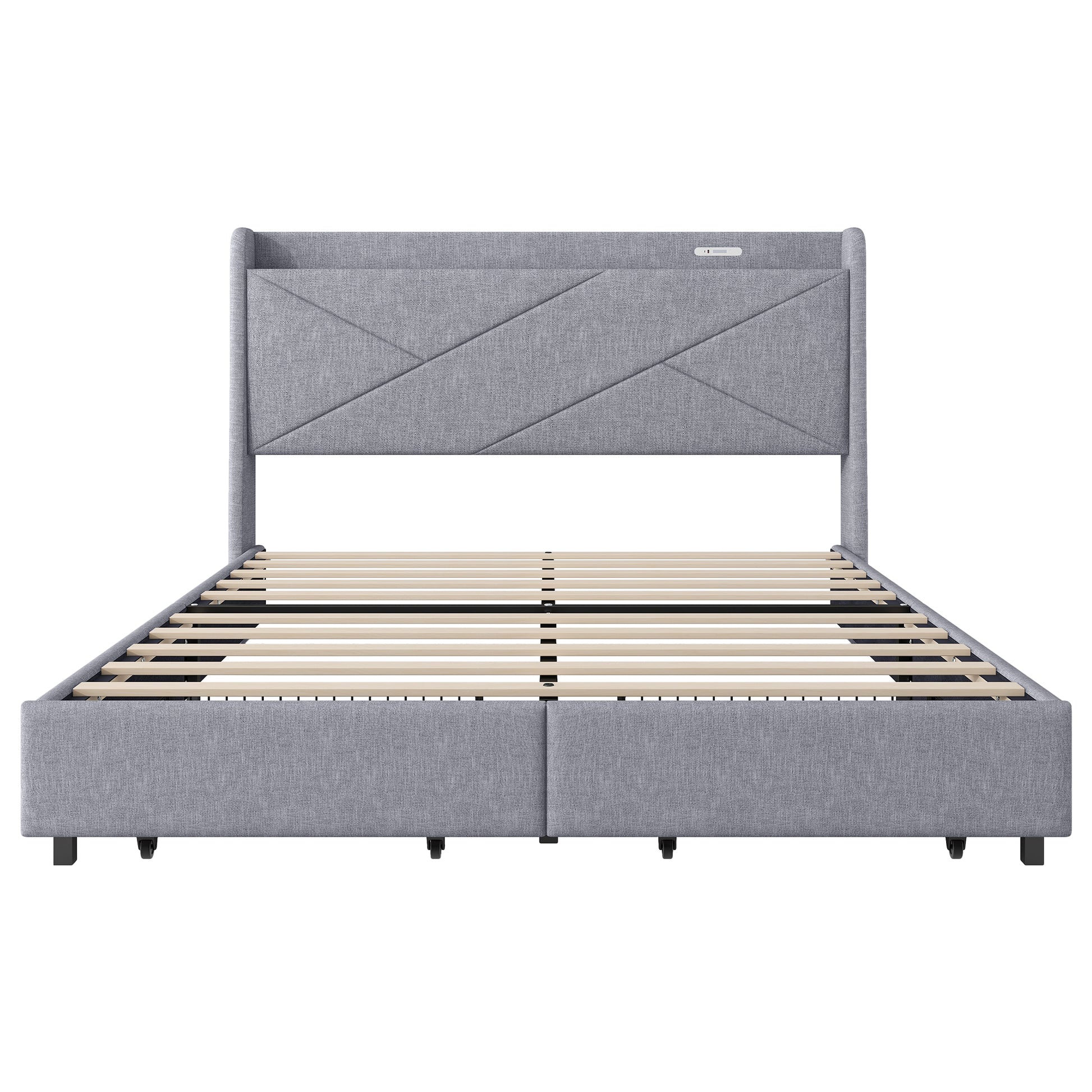 Queen Size Upholstery Platform Bed With Storage Headboard, Led, Usb Charging And 2 Drawers, Gray Queen Gray Upholstered