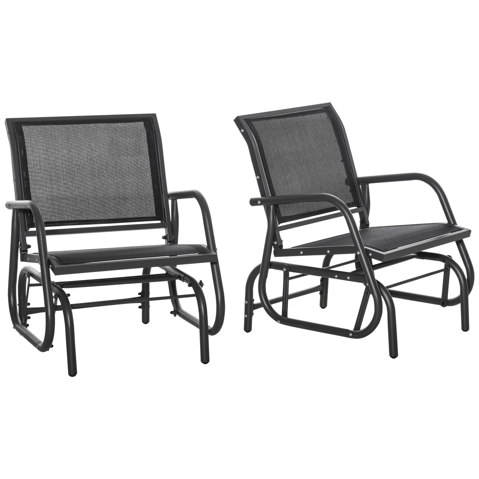 Outsunny Porch Glider Set Of 2, Metal Frame Swing Glider Chairs Withmesh Fabric, Curved Armrests And Steel Frame For Garden, Poolside, Backyard, Balcony, Black Black Steel