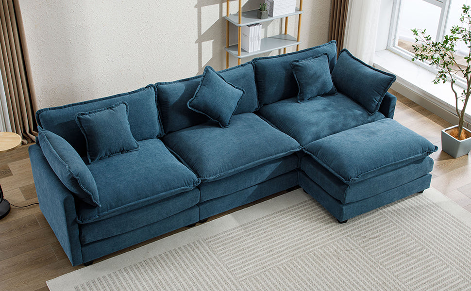 112.2" L Shape Chenille Upholstered Sofa For Living Room Modern Luxury Sofa Couch With Ottoman, 5 Pillows, Blue Blue Foam 4 Seat