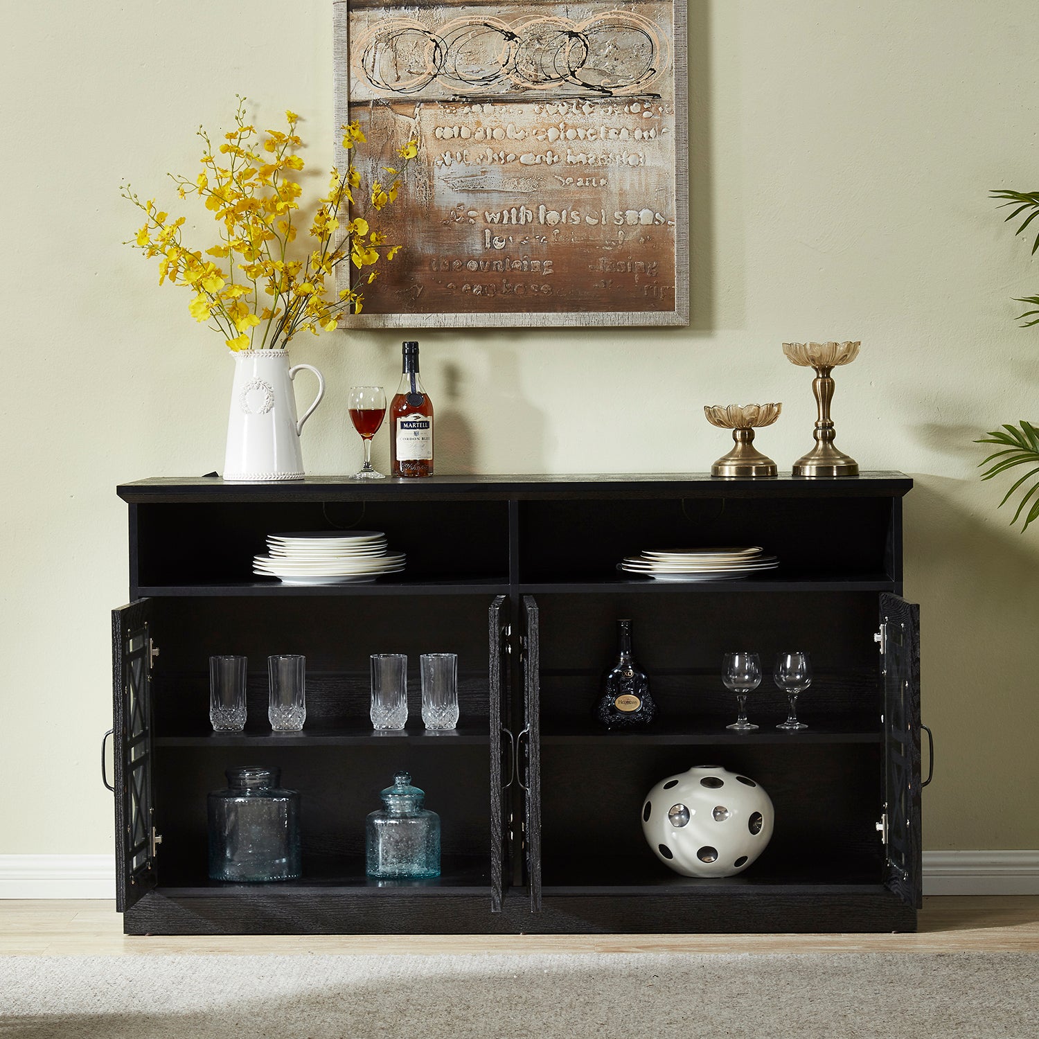 53" Tv Console Storage Buffet Cabinet Sideboard, Black Wood Grain Finish Black Dining Room Adjustabel Shelves Mdf Glass