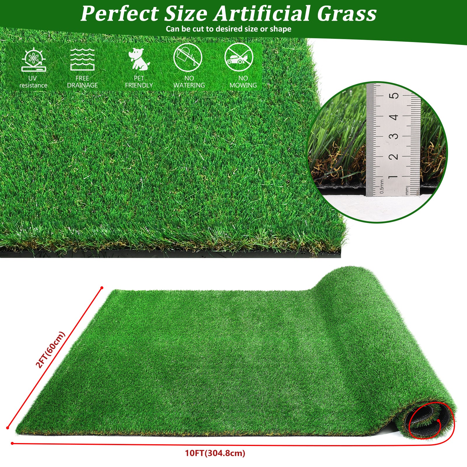 2Ftx10Ft Outdoor Artificial Grass Runner Rug, Thick Realistic Fake Grass Roll Decor Patio Balcony Garden Lawn, Dog Pets Turf Drain Mat, 1.38" Pile Height Green Garden & Outdoor Polypropylene Polyethylene