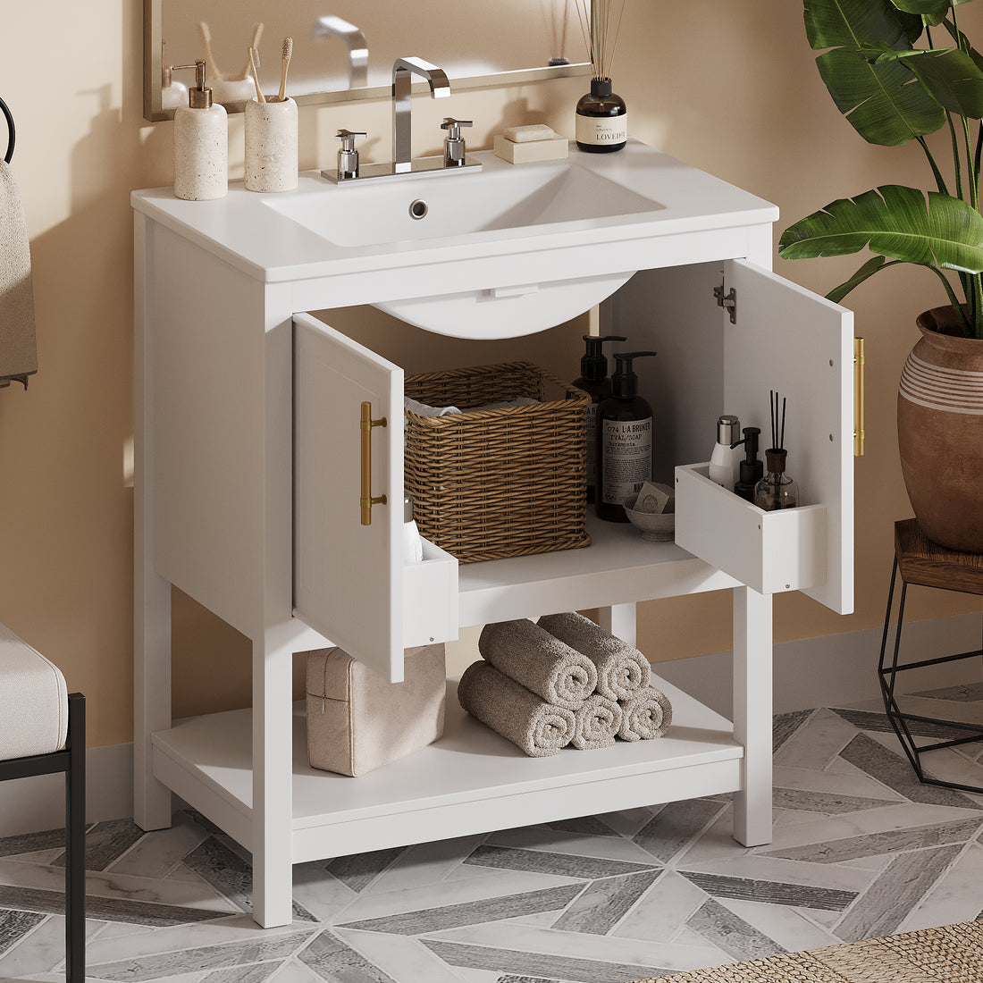 30 Inch White Bathroom Vanity With Ceramic Sink And Versatile Storage Ideal For Small Bathrooms White Bathroom Solid Wood Mdf