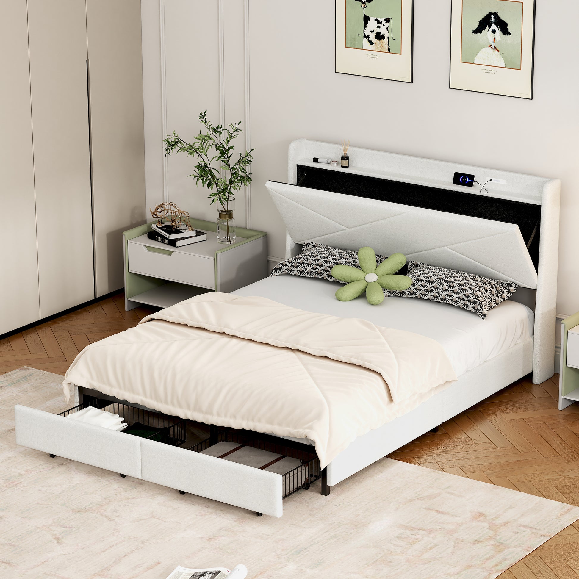 Queen Size Upholstery Platform Bed With Storage Headboard, Led, Usb Charging And 2 Drawers, Beige Queen Beige Upholstered